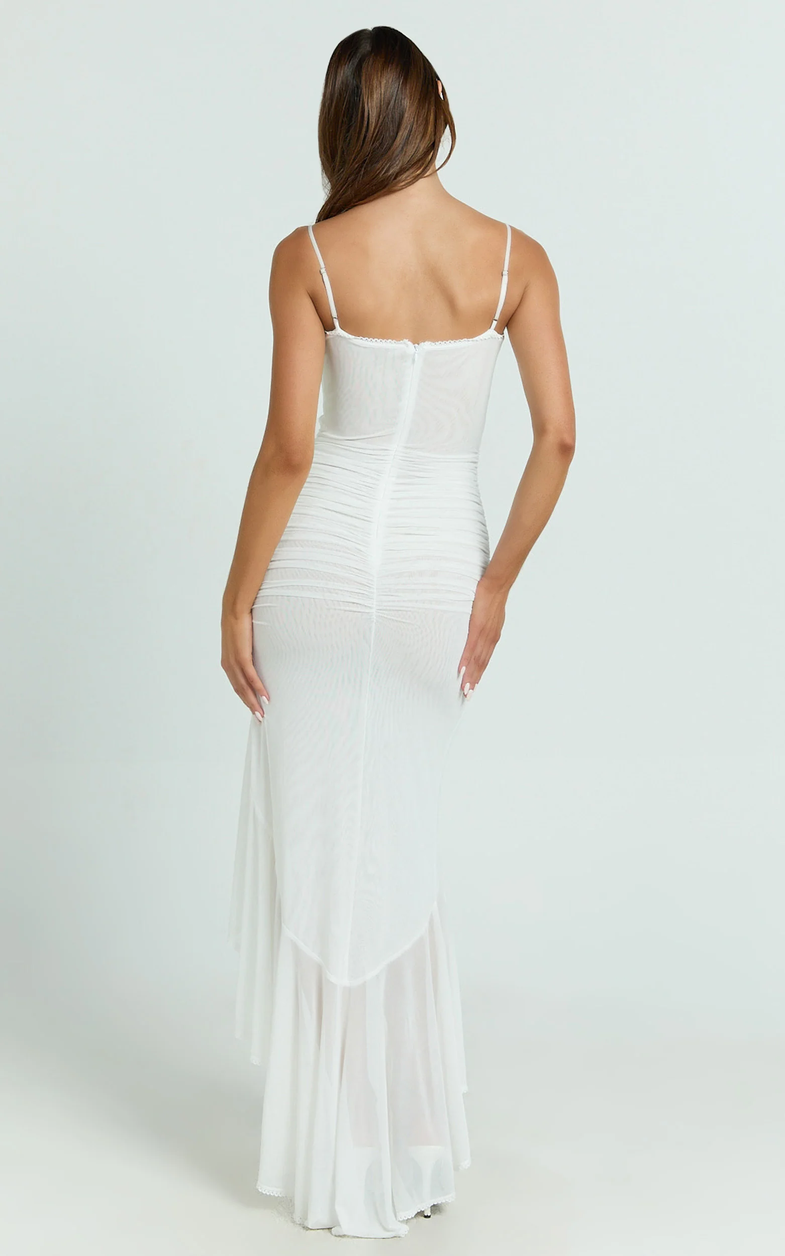 Brionna Midi Dress - Lace Neck Ruched Ruffle Hem Dress in White