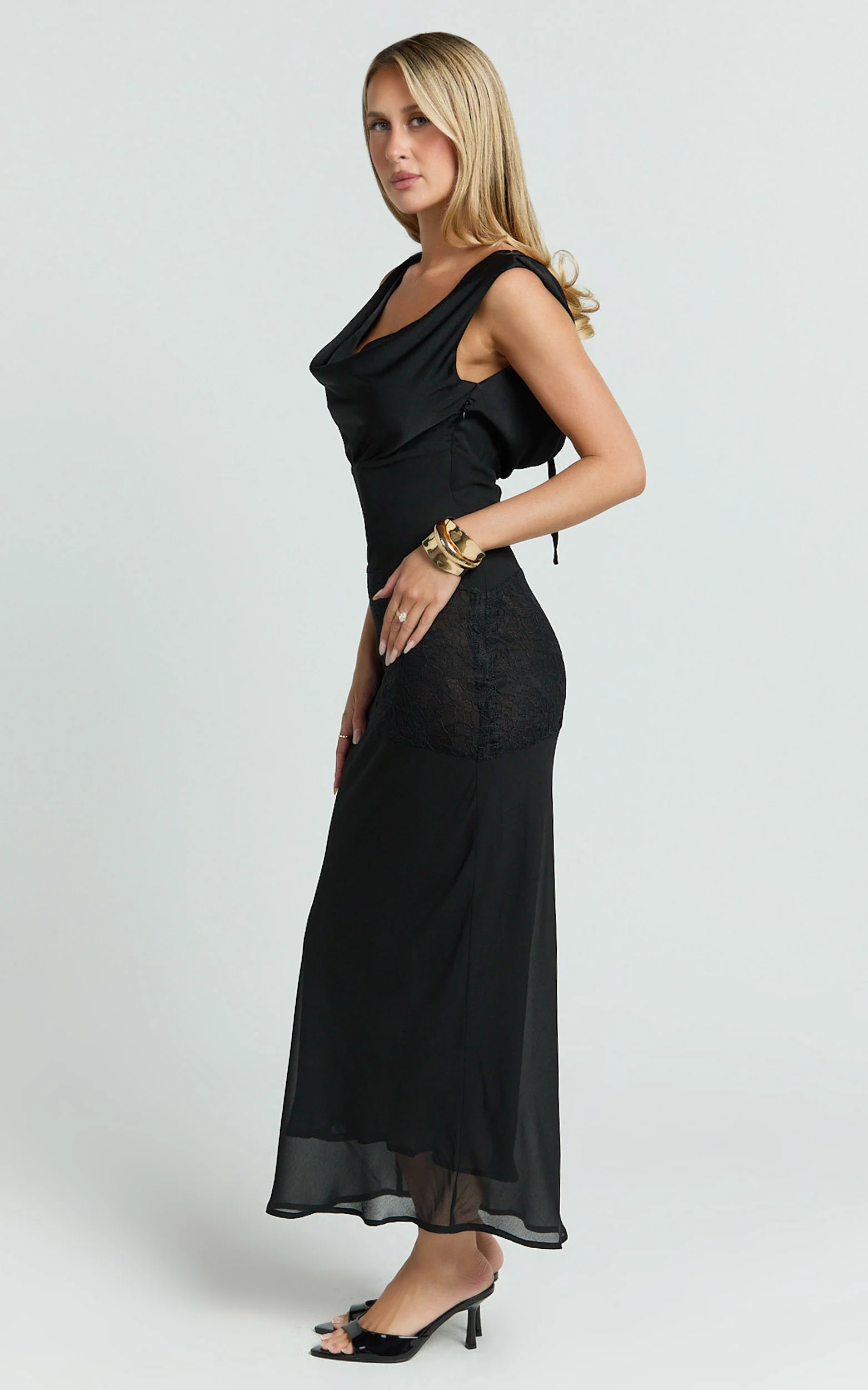 Nova Midi Dress - Lace Cowl Neck Tie Back Dress in Black