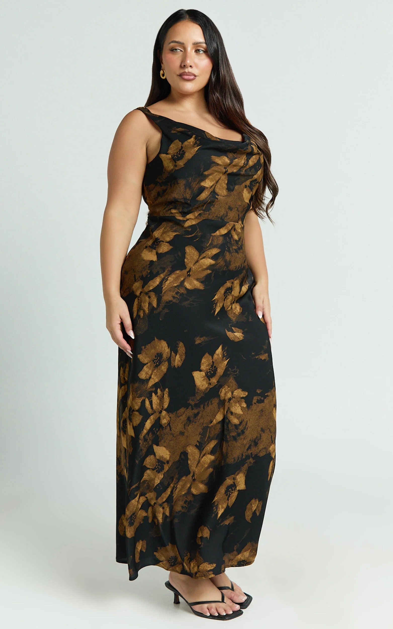 Dara Midi Dress - Low Neck Sleeveless Slip Dress in Amber Floral Print