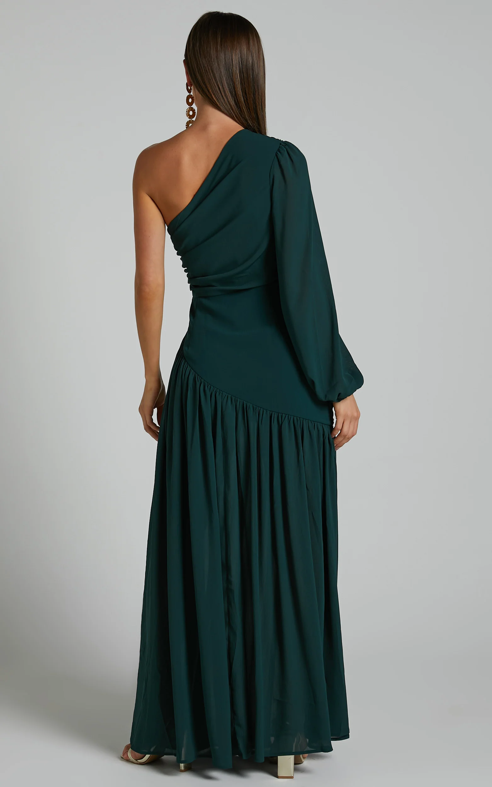 Grittah Midi Dress - One Shoulder Bishop Sleeve High Split Ruched Dress in Emerald