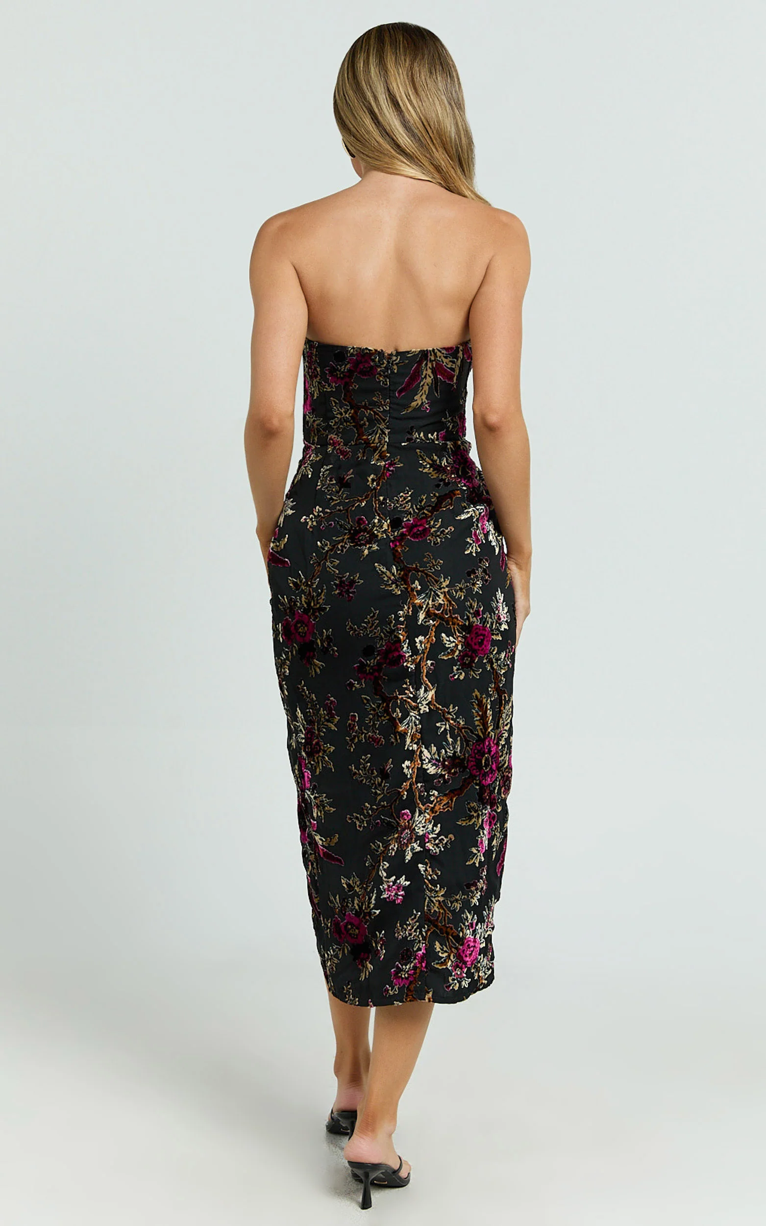 Jessell Midi Dress - High Split Strapless Dress in Black Floral
