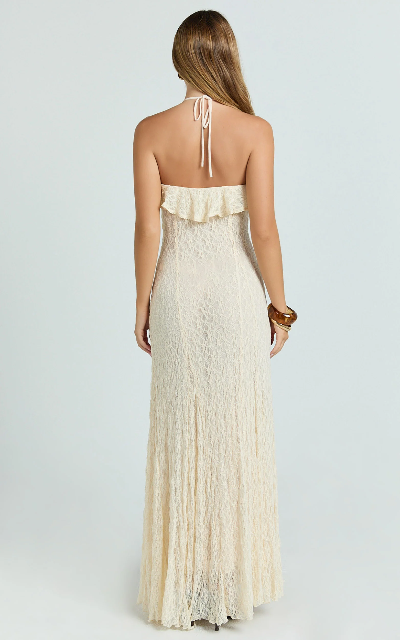 Rhea Maxi Dress - Lace Ruffle Halter A Line Godet Dress in Cream