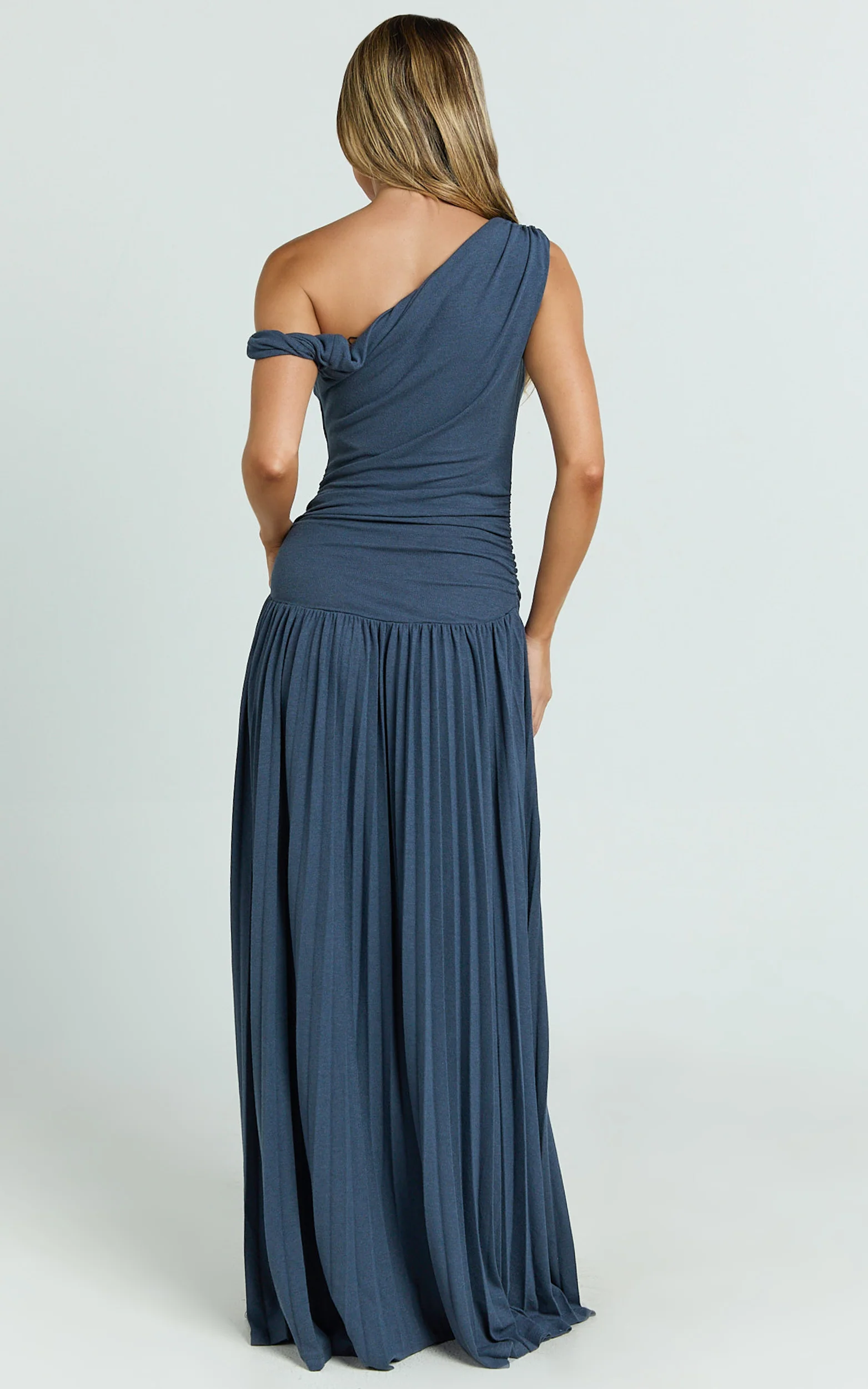 Yvonne Maxi Dress - Pleat Skirt Tip Shoulder Ruched Dress in Navy