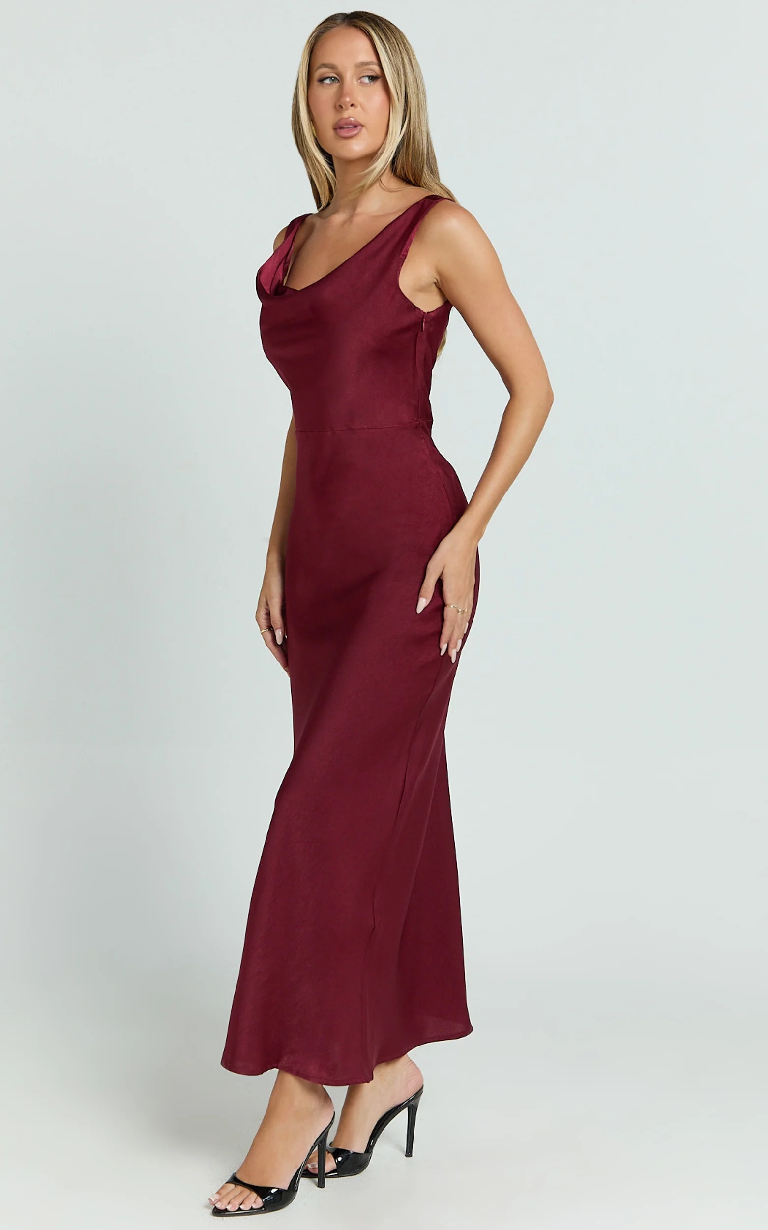 Dara Midi Dress - Low Neck Sleeveless Slip Dress in Wine