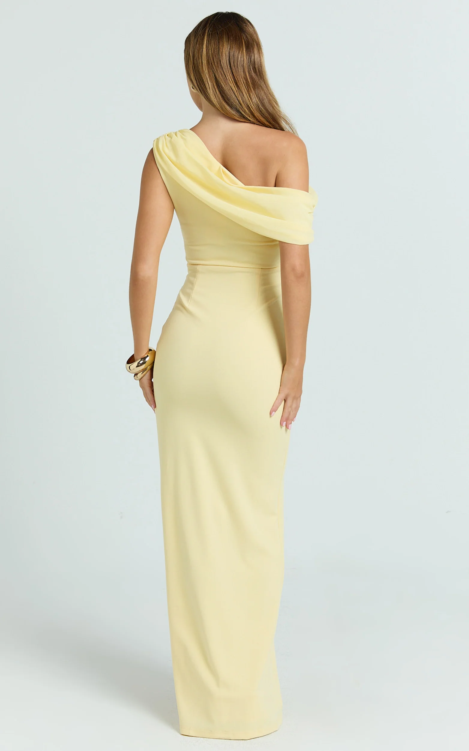 Helen Maxi Dress - One Shoulder Draped Fitted Dress in Lemon