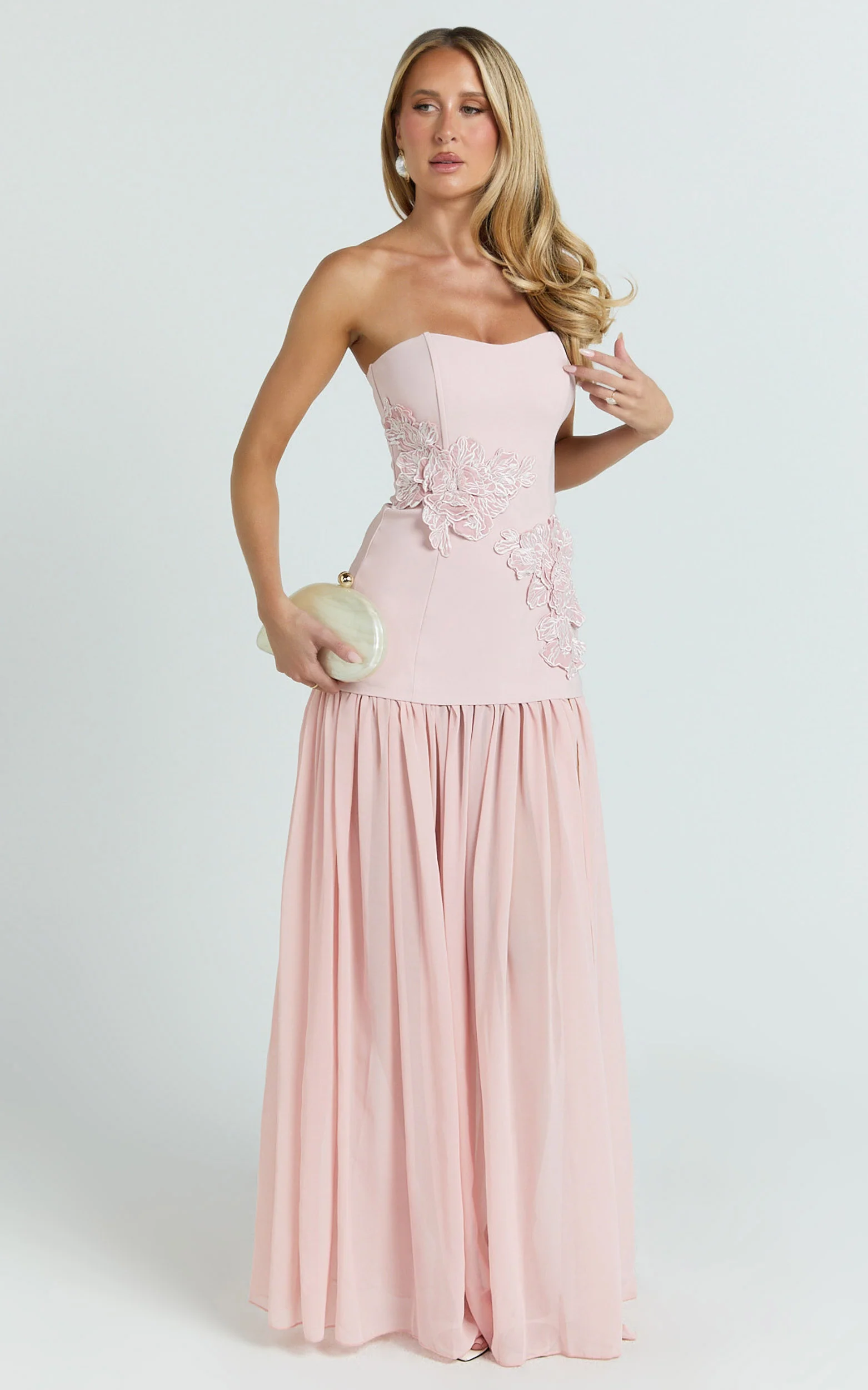 Jefferies Maxi Dress - Peplum Bodice Contrast Georgette Dress in Pink