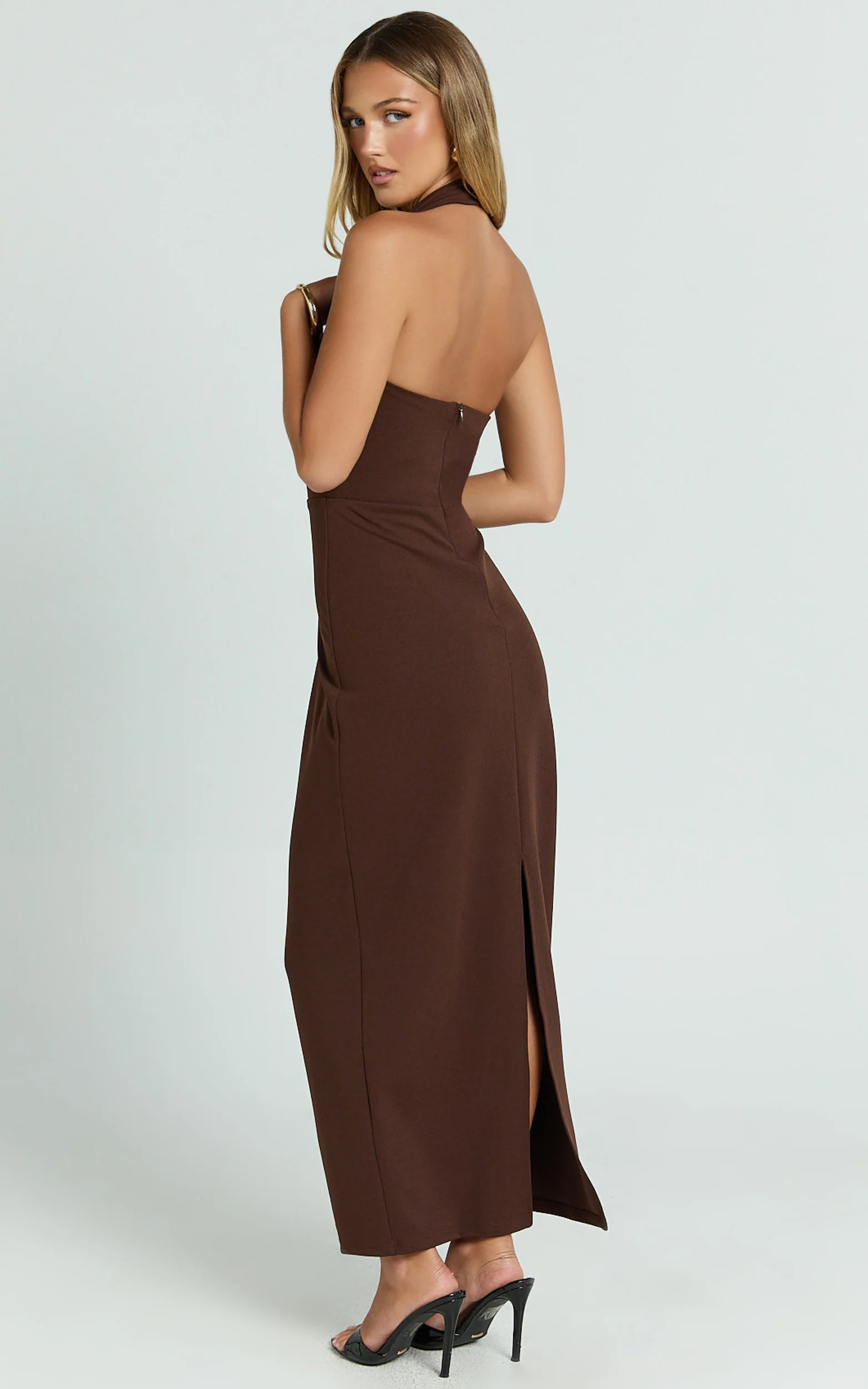 Salome Midi Dress - Halter Neck Column Dress in Chocolate