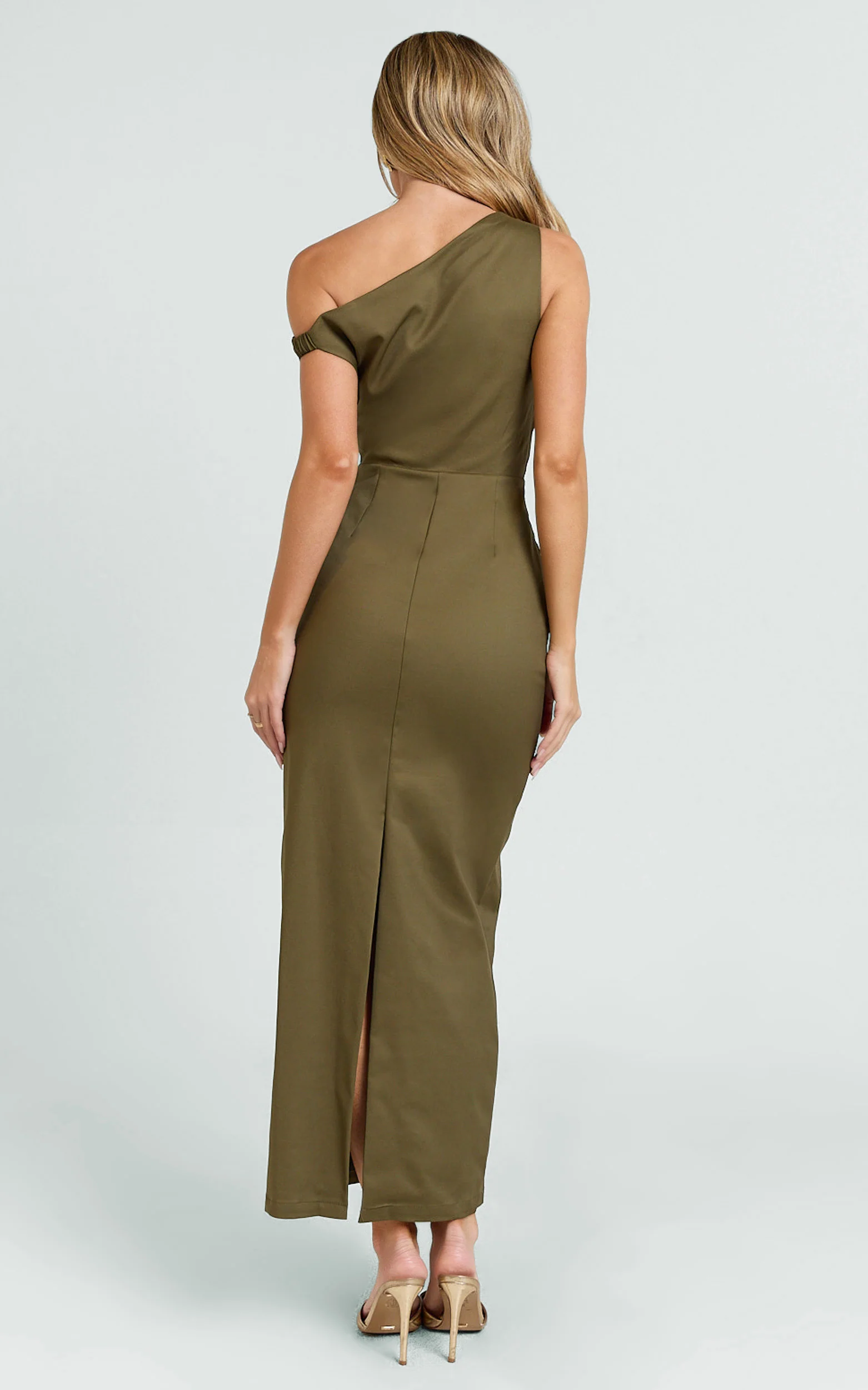 Alexandria Midi Dress - Tip Shoulder Draped Fitted Dress in Olive