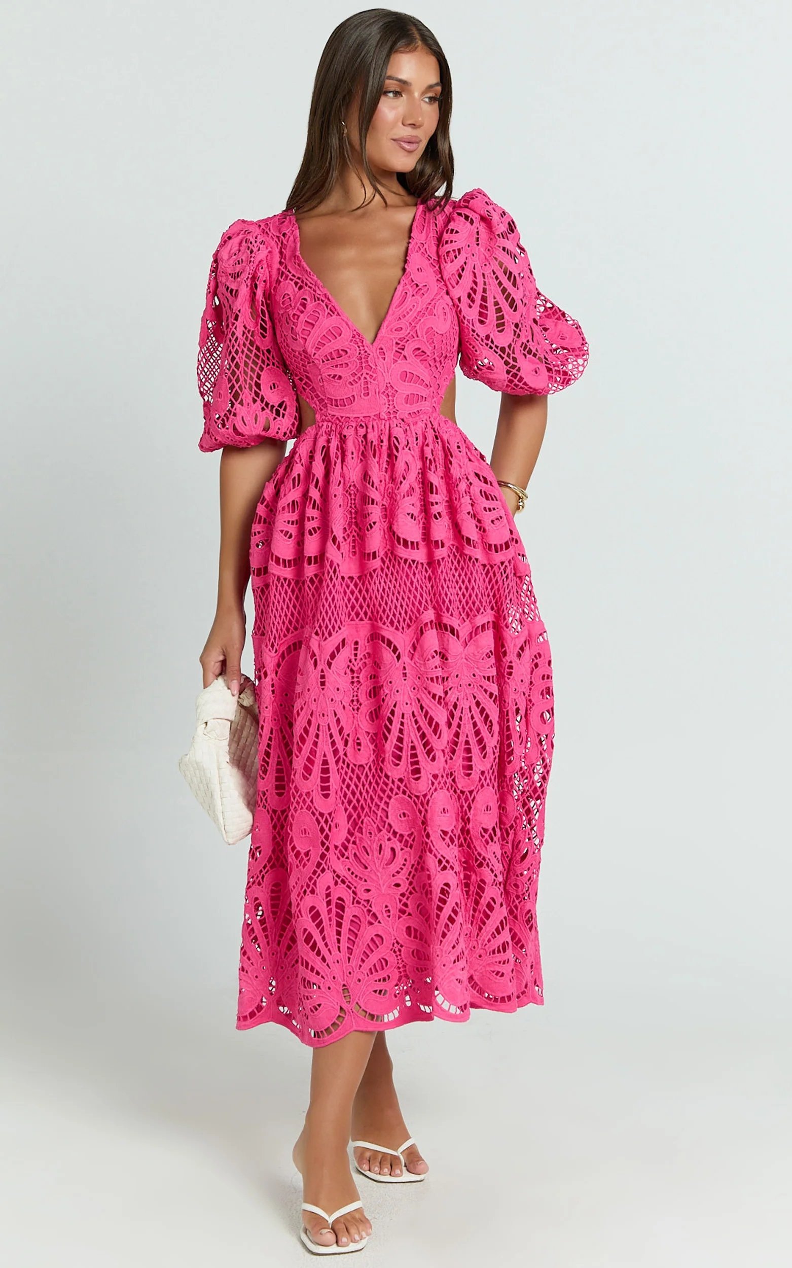 Anieshaya Midi Dress - V Neck Cut Out Lace Dress in Pink