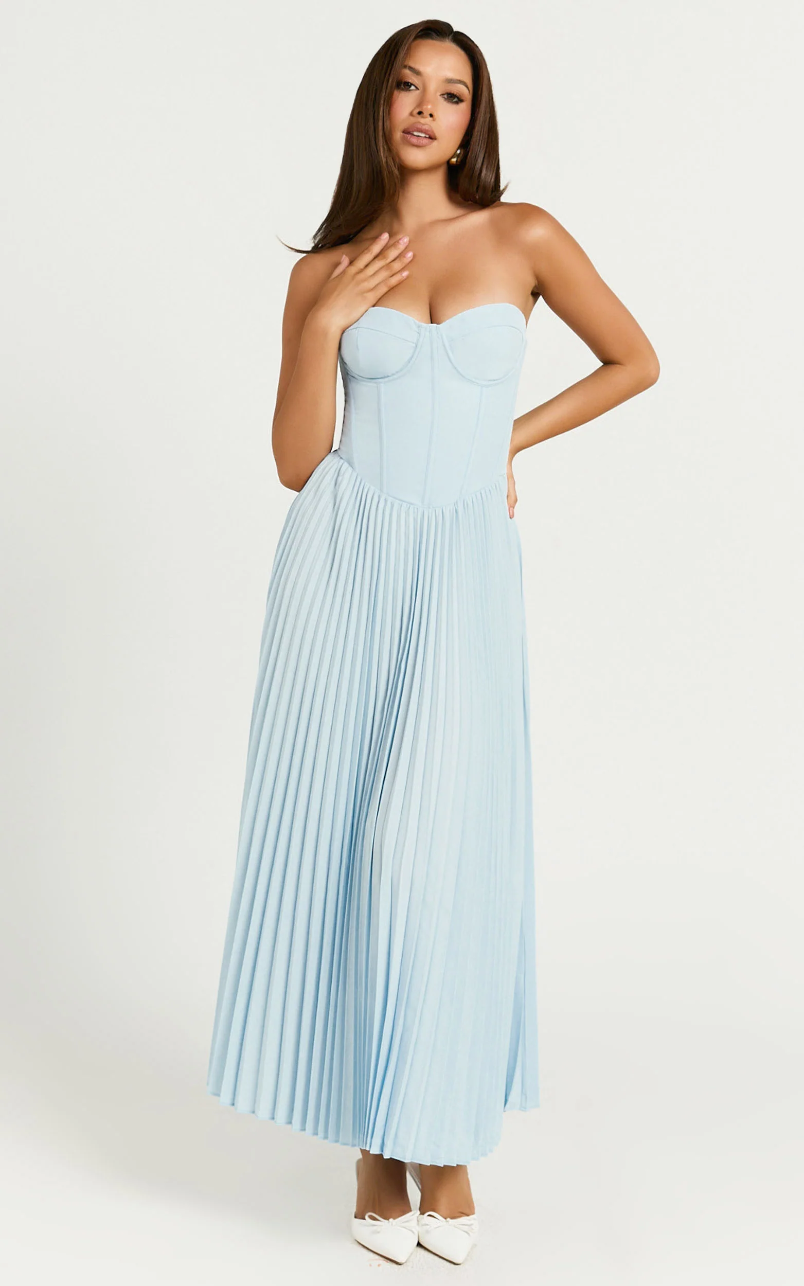 Loretta Midi Dress - Lace Up Back Bustier Pleated Dress in Light Blue