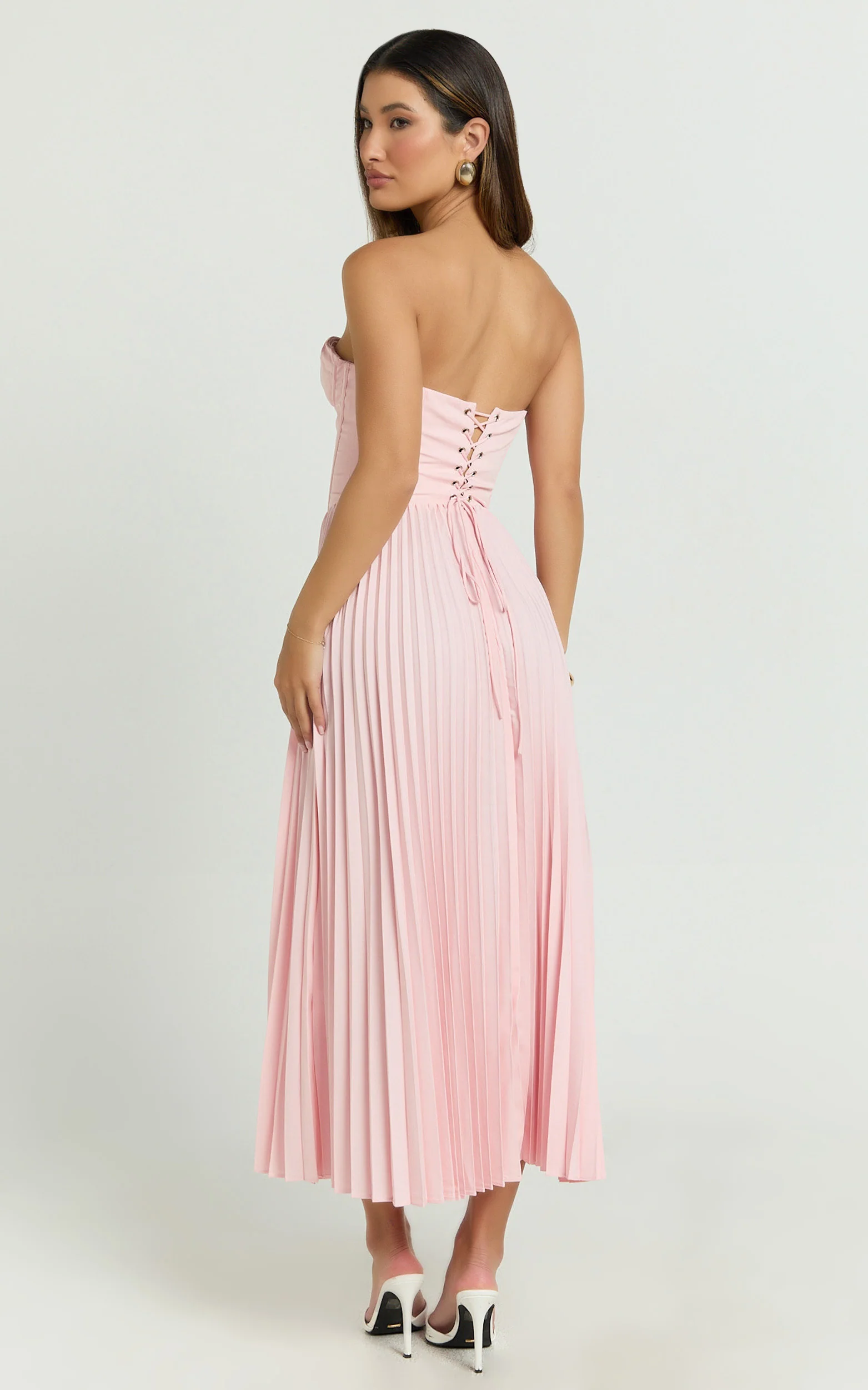 Loretta Midi Dress - Lace Up Back Bustier Pleated Dress in Soft Pink