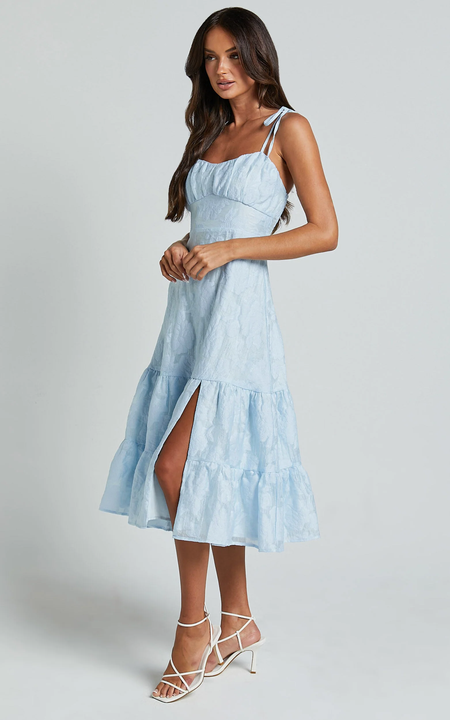 Jovena Midi Dress - Gathered Bodice Tiered Dress in Blue