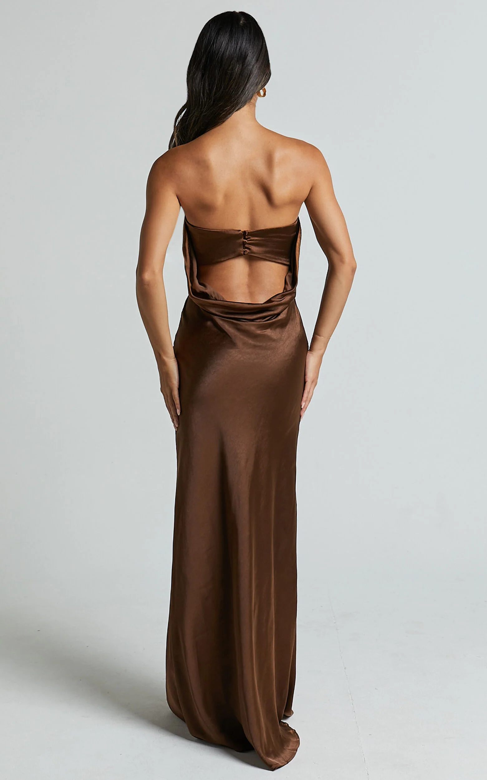 Charlita Maxi Dress - Strapless Cowl Back Satin Dress in Chocolate