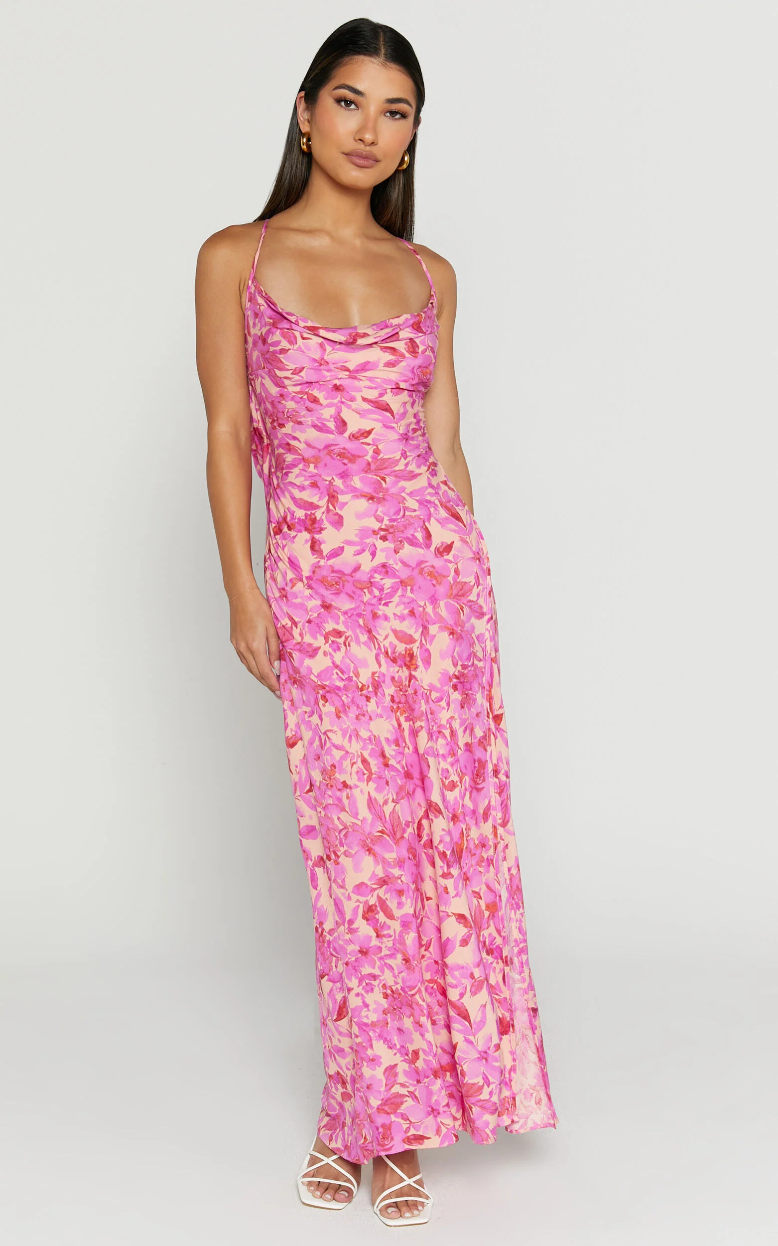 Manuella Maxi Dress - Cowl Neck Slit Slip Dress in Pink