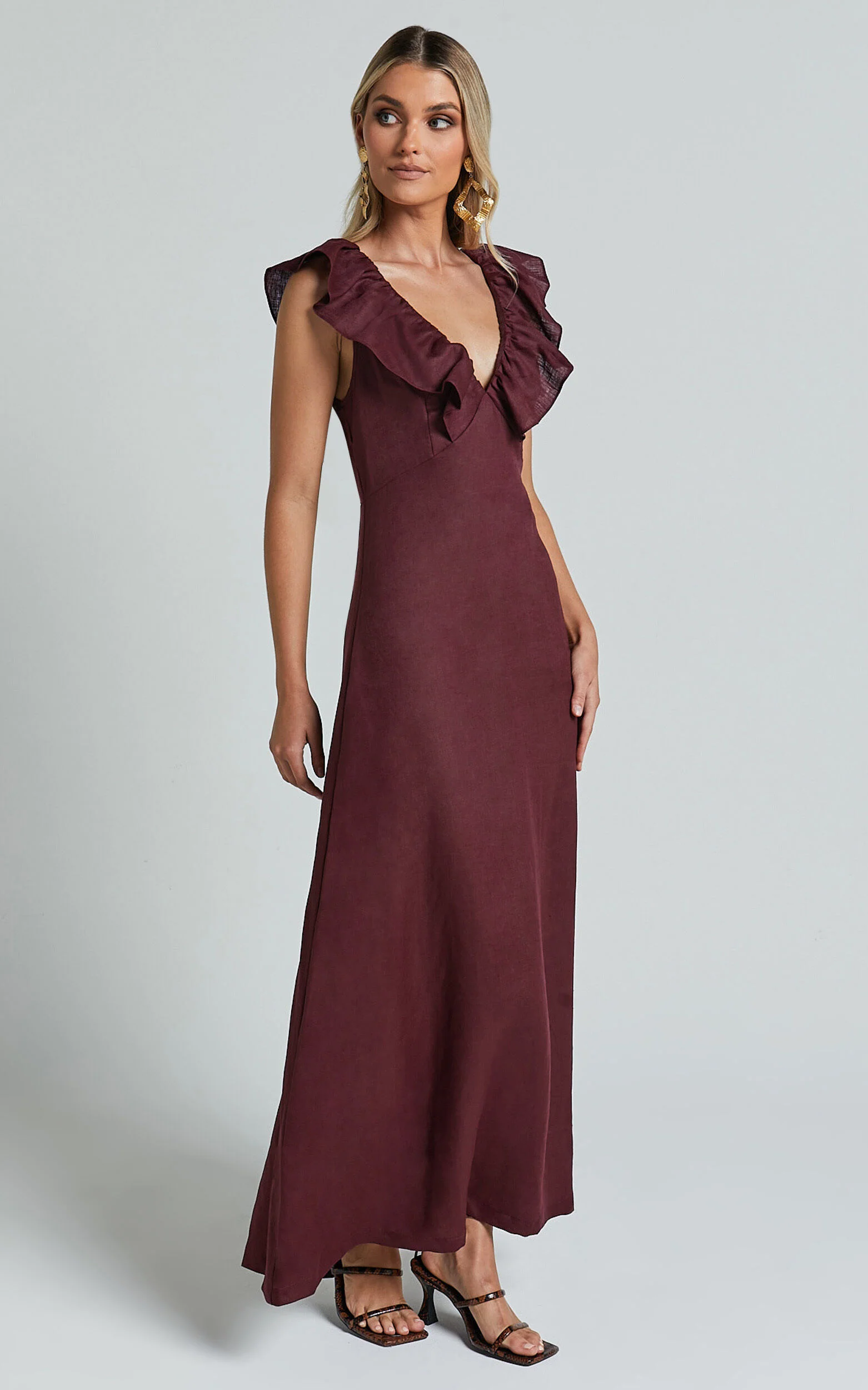 Amalie The Label - Penelope Linen Flutter Sleeve Low Back Maxi Linen Dress in Wine