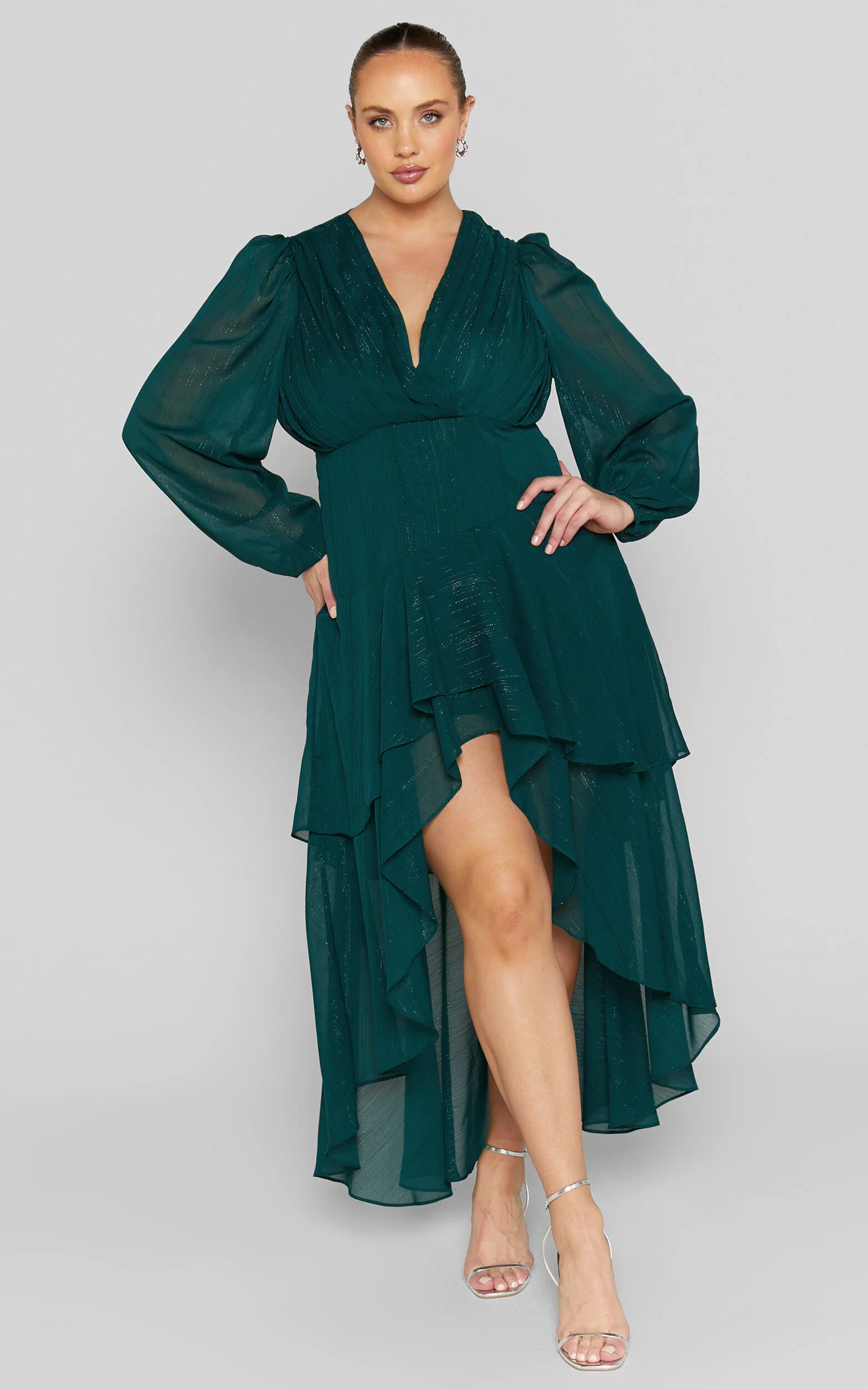 Claudita Midi Dress - Long Sleeve High Low Hem Dress in Emerald