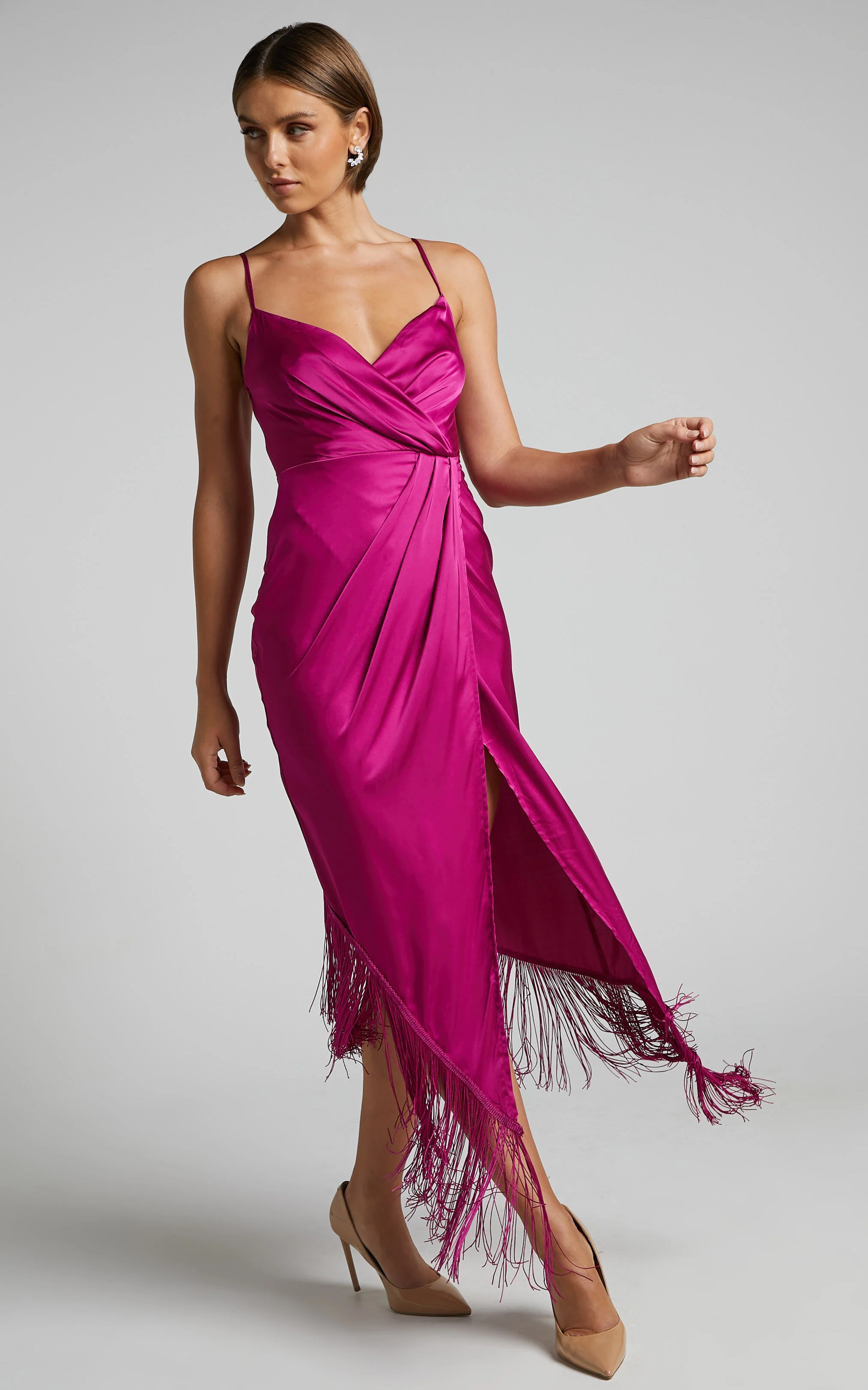 Rholie Midi Dress - Plunge Neck Fringe Hem Fixed Wrap Dress in Pink