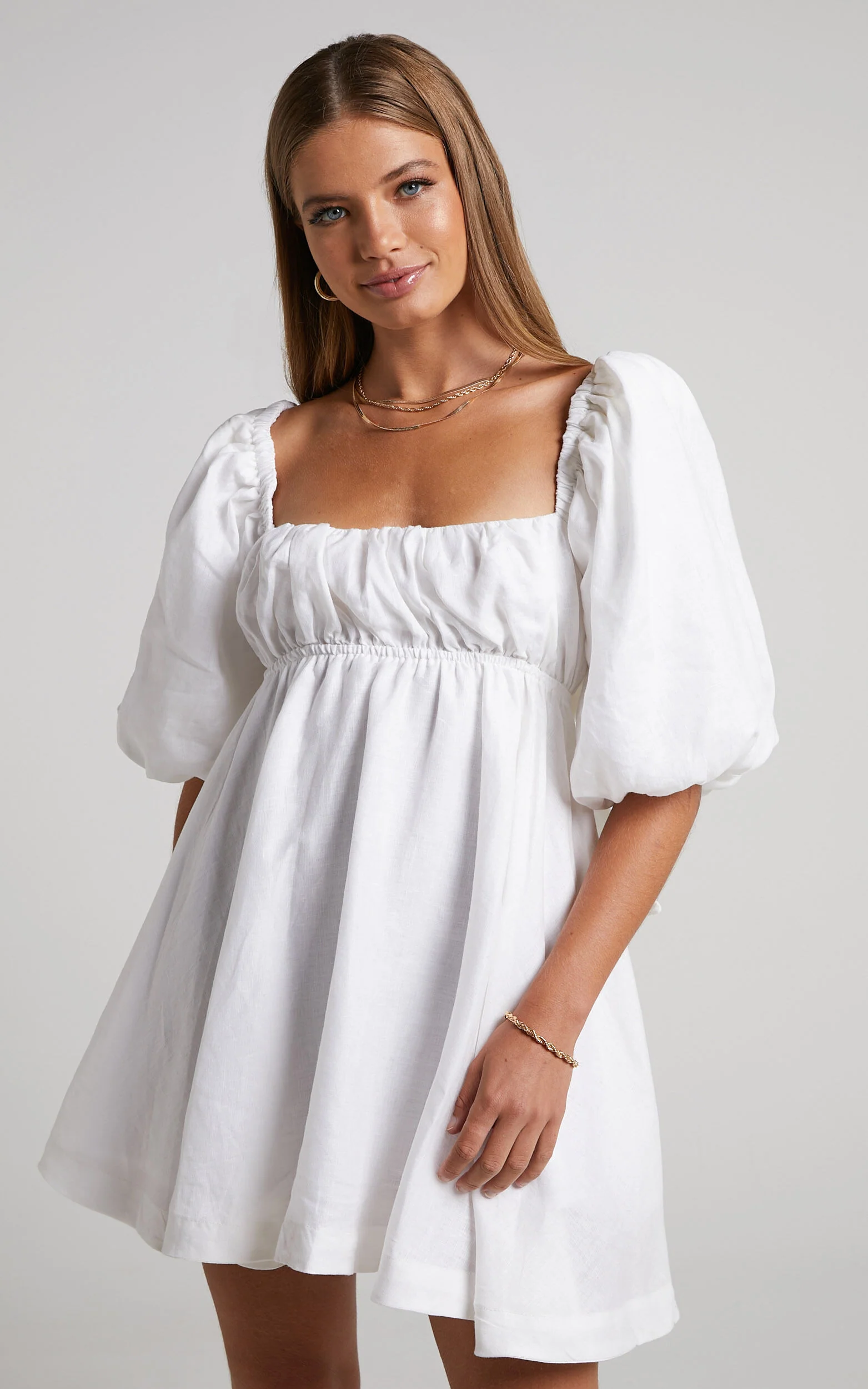 Amalie The Label - Hamyya Linen Tie Back Puff Sleeve Mini Linen Dress in White