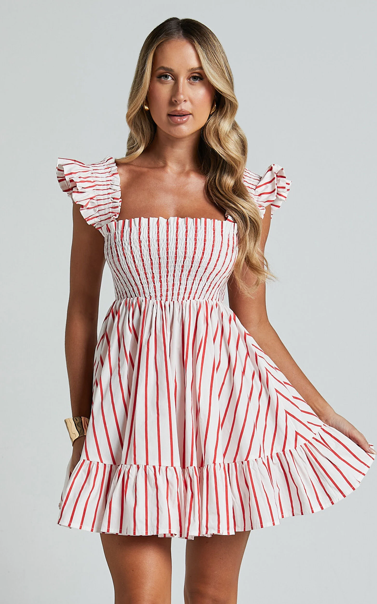 Brynlee Mini Dress - Elastic Chest Flutter Sleeve Hem Dress in Red Stripe