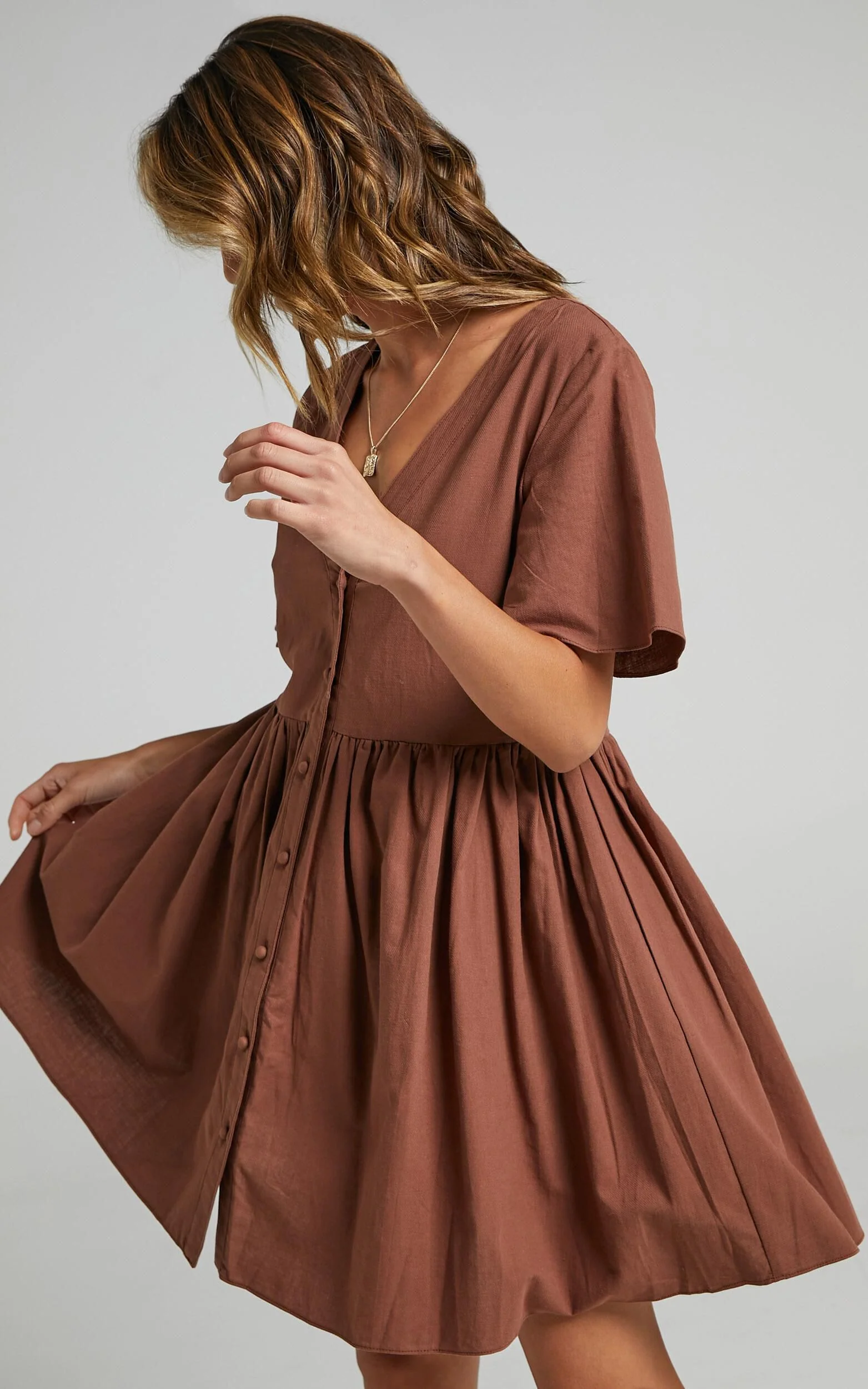 Staycation Mini Dress - Smock Button Up Dress in Chocolate