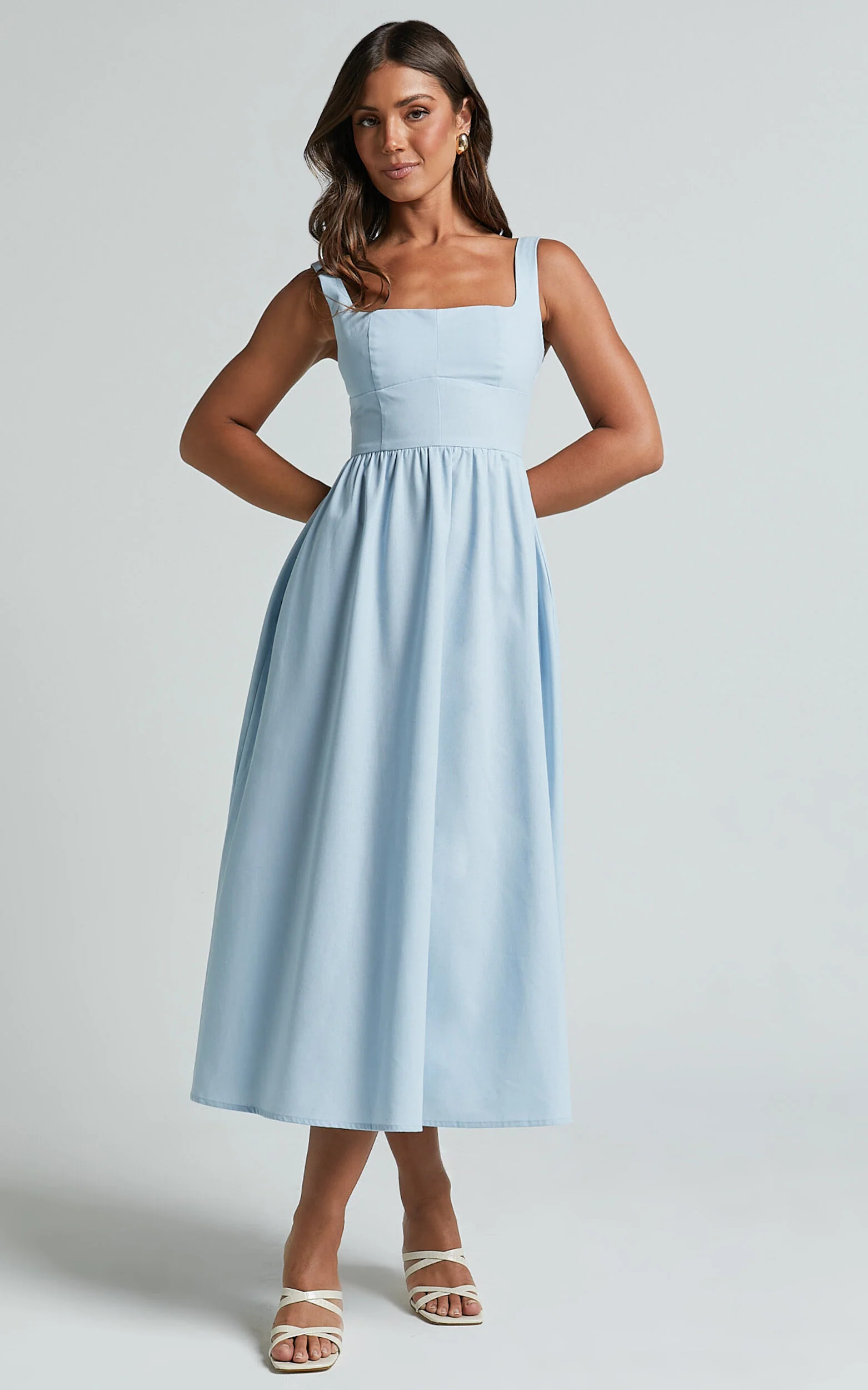 Khari Midi Dress - Linen Look Square A Line Dress in Blue