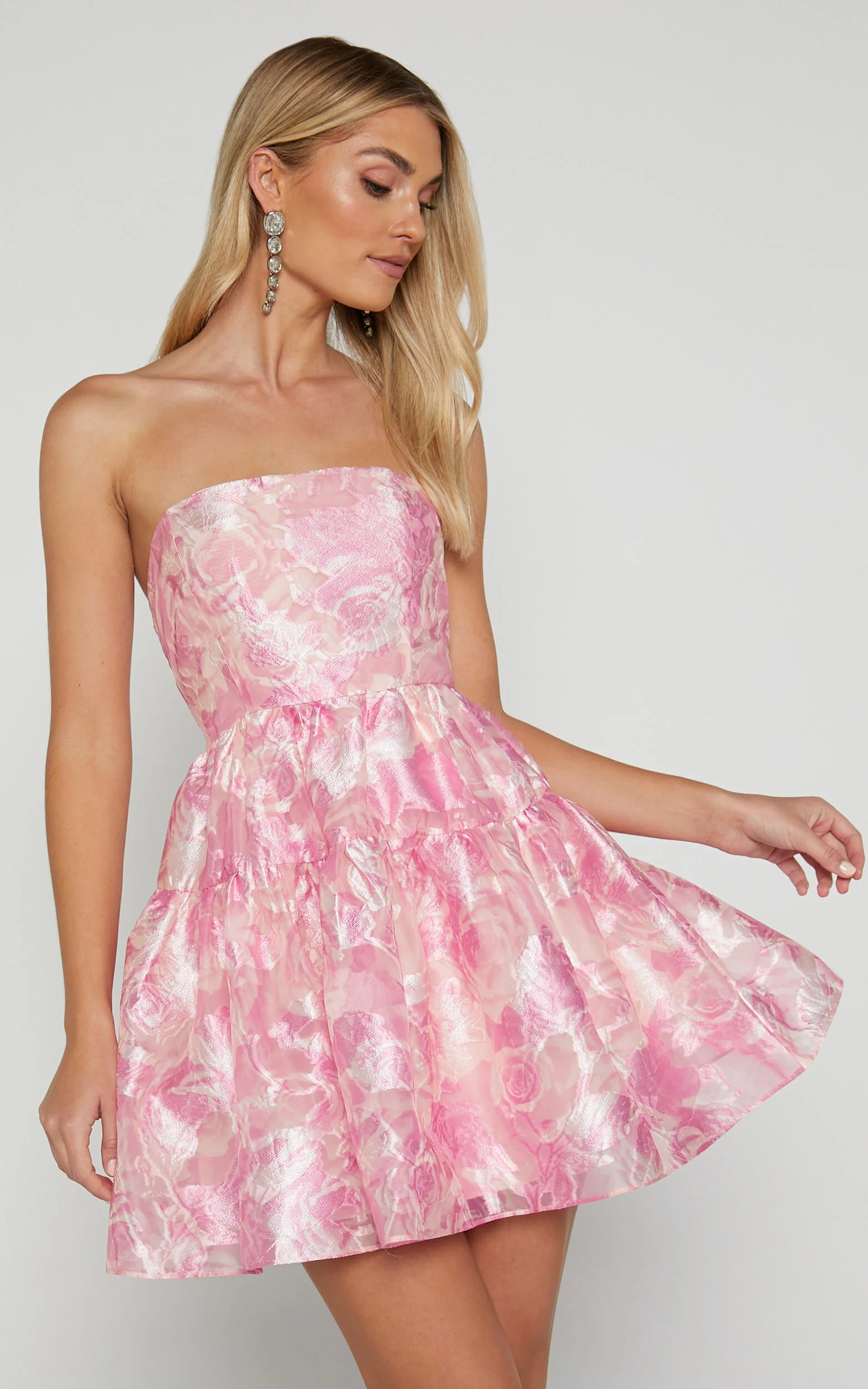 Lettie Mini Dress - Strapless Tiered Hem Dress in Pink