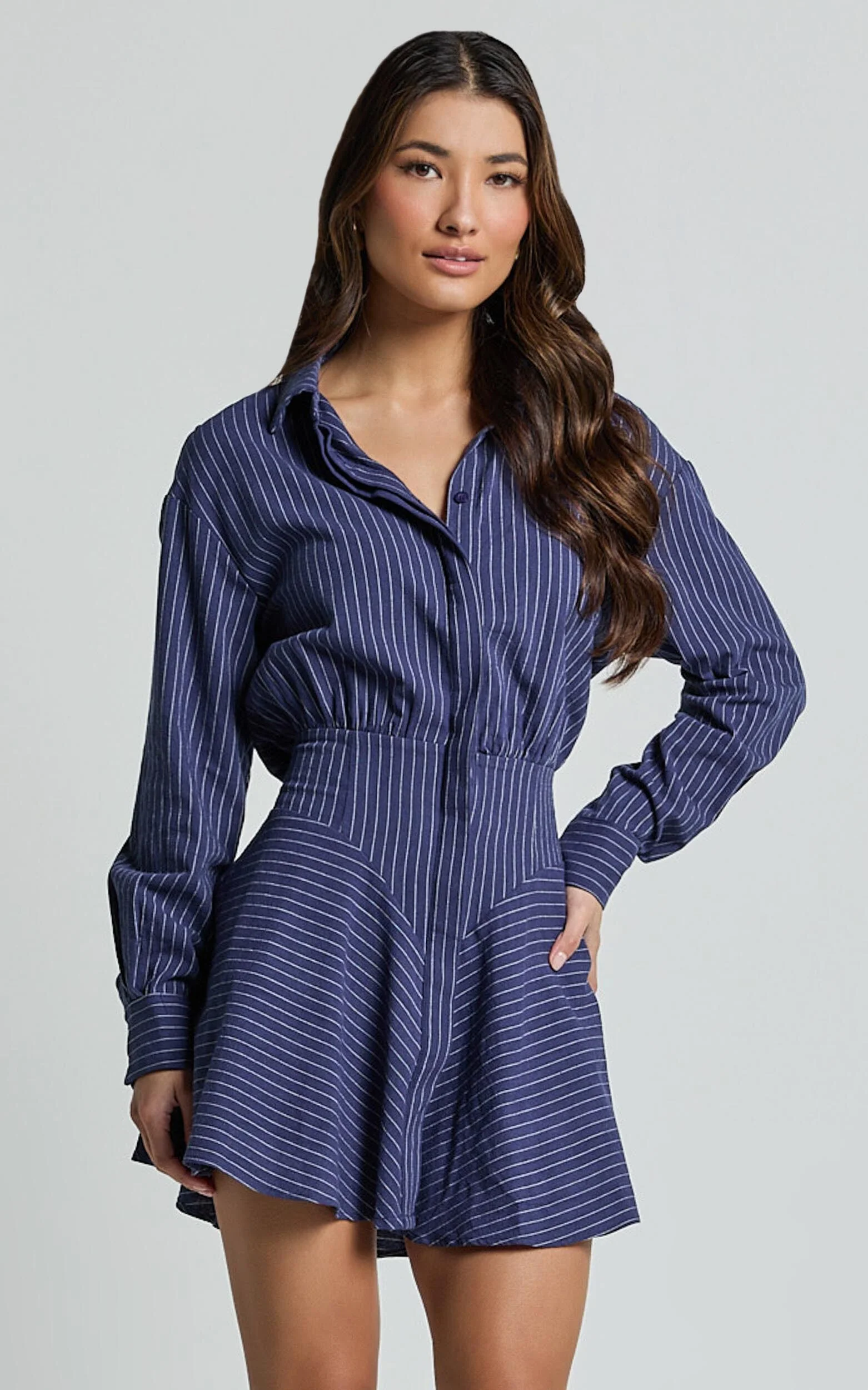 Whitney Mini Dress - Linen Long Sleeve Shirt Dress in Navy