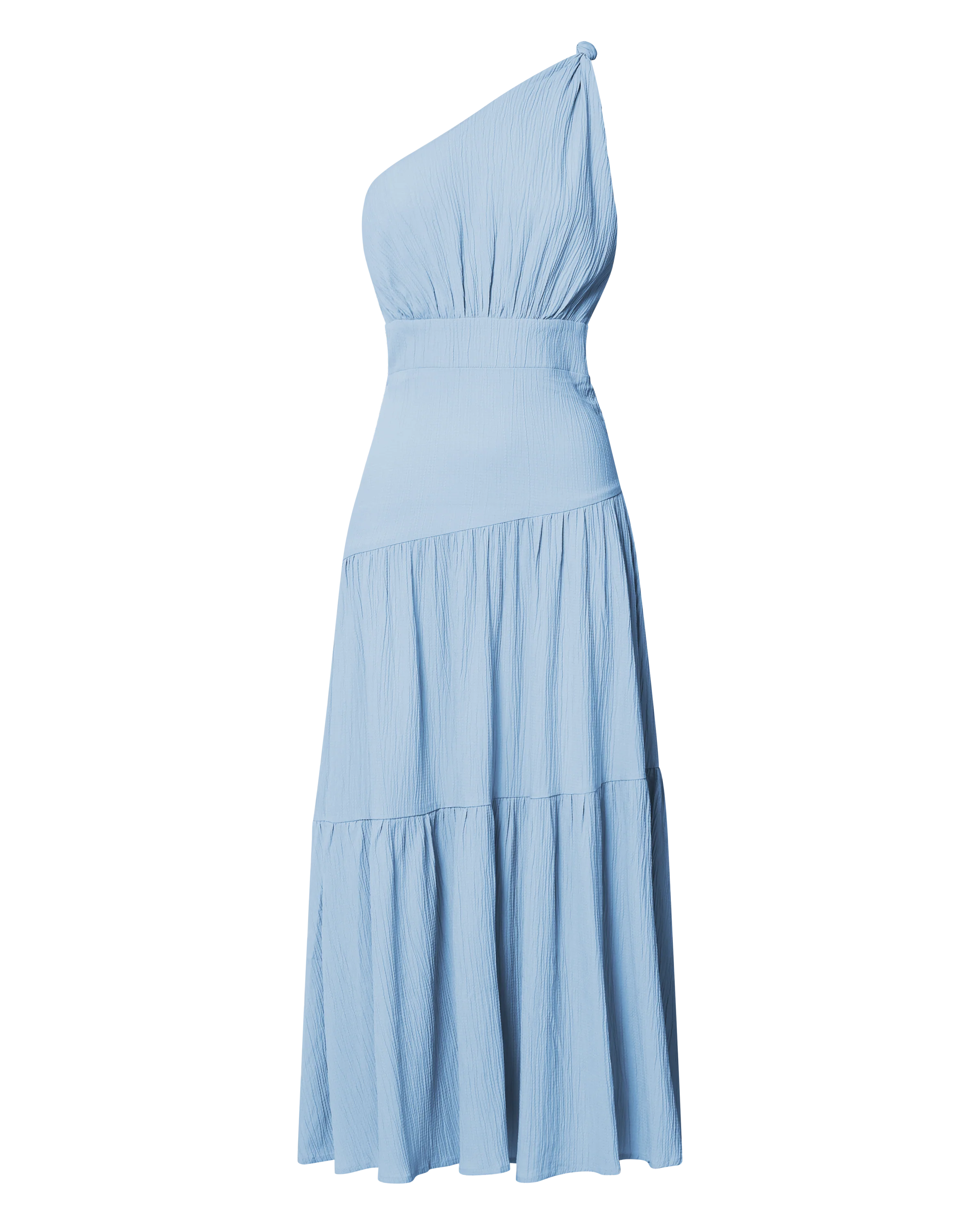 Celestia Midi Dress - Tiered One Shoulder Dress in Soft Blue