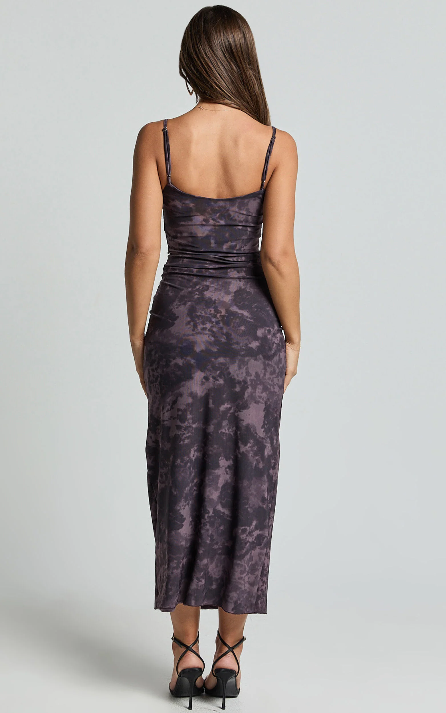 Teagan Midi Dress - Strappy Mesh Slip Dress in Plum