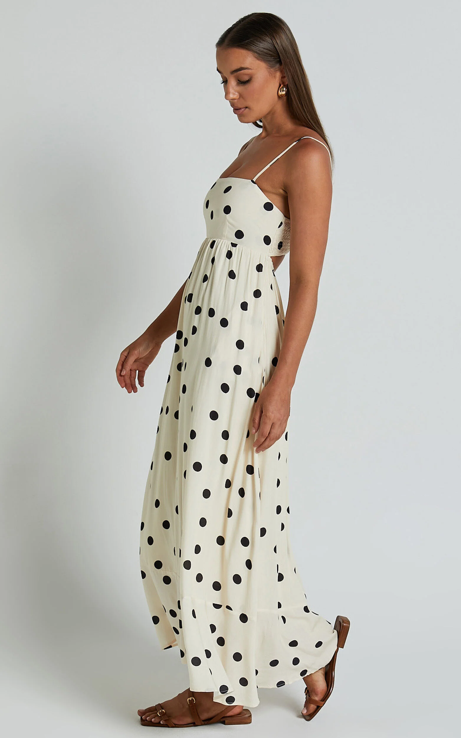 Miriam Midi Linen Dress - Strappy Straight Neck A Line Dress in Beige & Black Spot