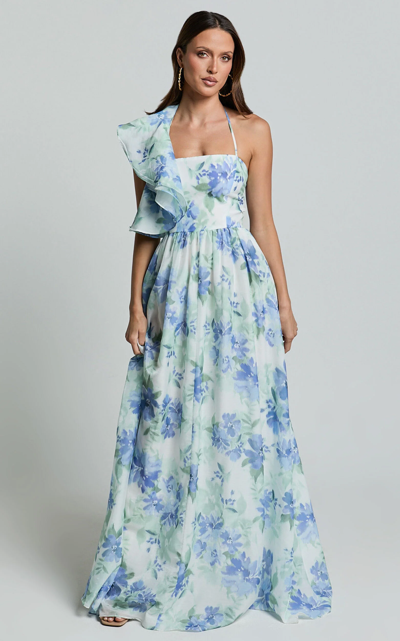 Amalie The Label - Fleur Halter Ruffle Detail A Line Maxi Dress in Elysian Print