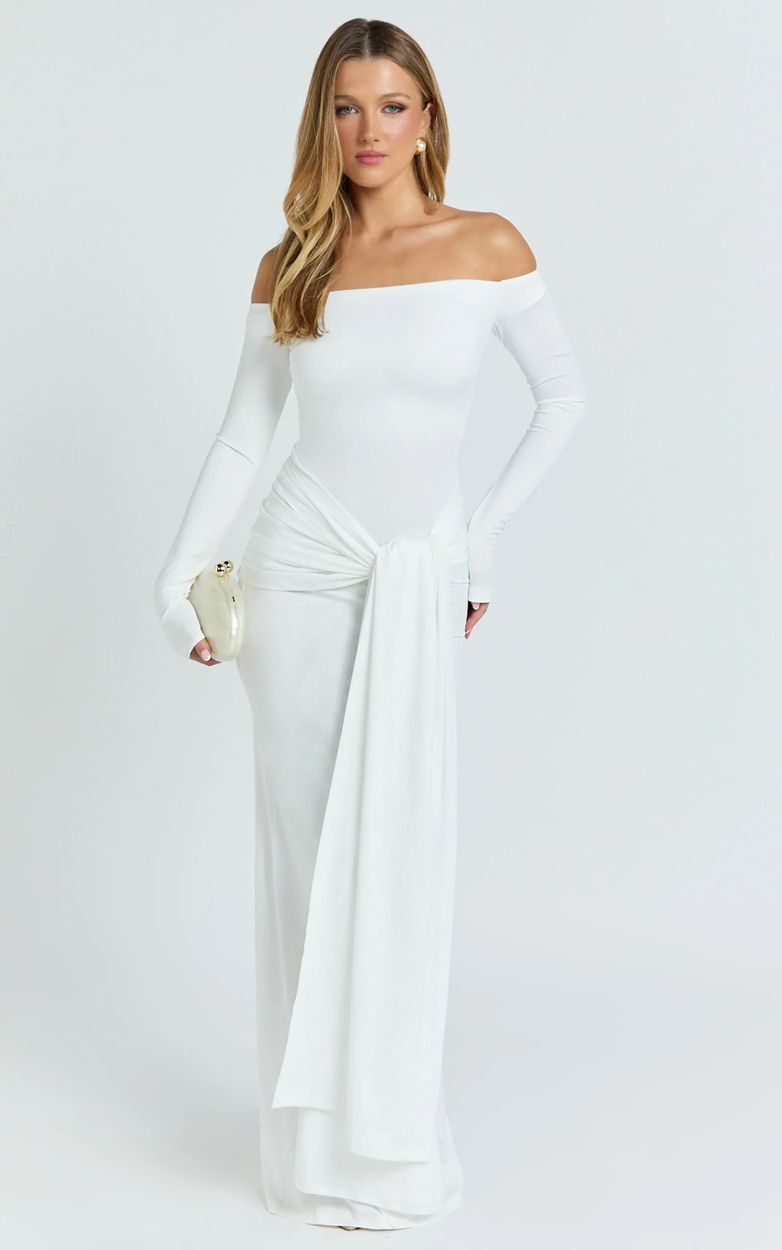 Judith Maxi Dress - Boat Neck Backless Tie Front Long Sleeve Jersey Dress in Cream