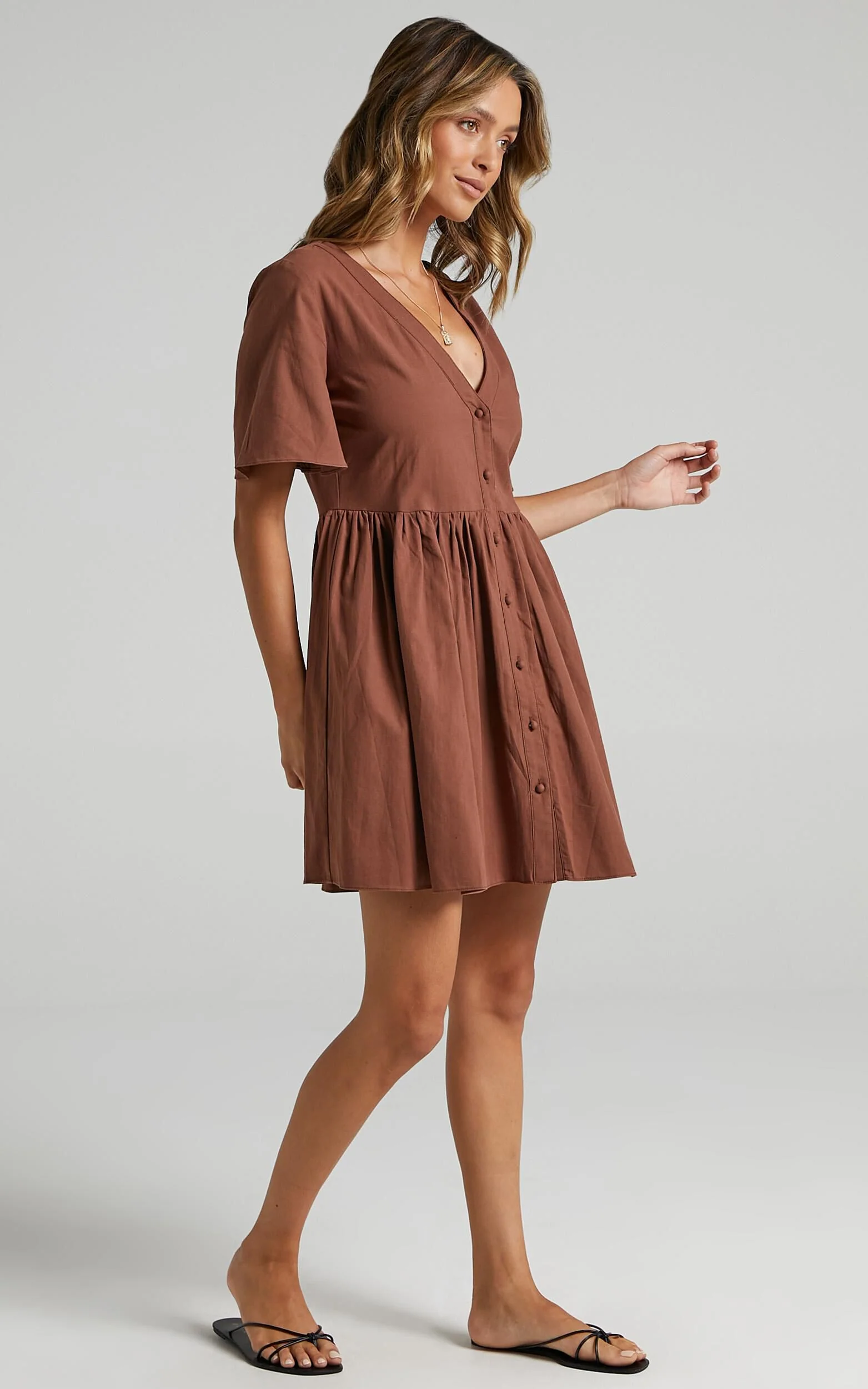 Staycation Mini Dress - Smock Button Up Dress in Chocolate