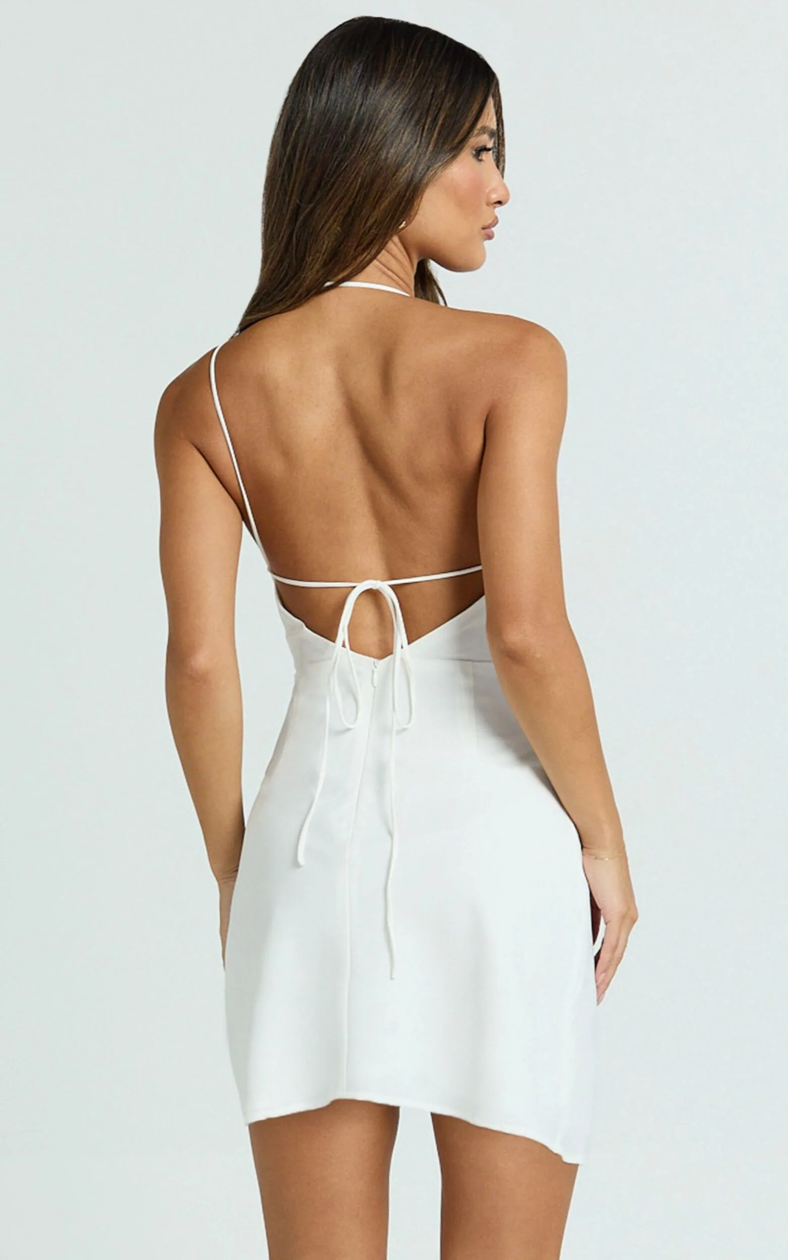 Alycia Mini Dress - Asymmetric Neck Strapped Back Bias Dress in White