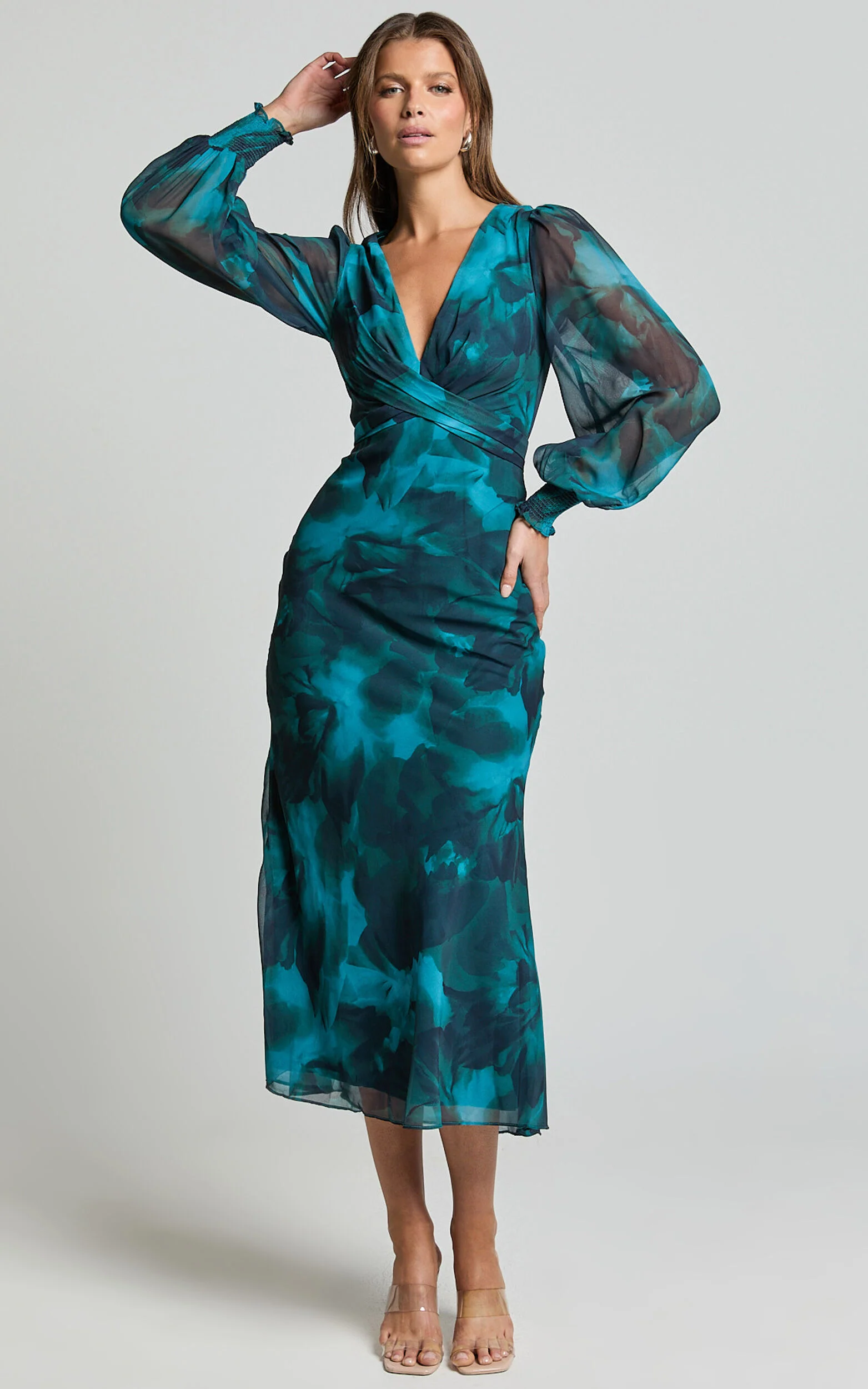 Artelia Midi Dress - V Neck Long Sleeve Slip Dress in Emerald