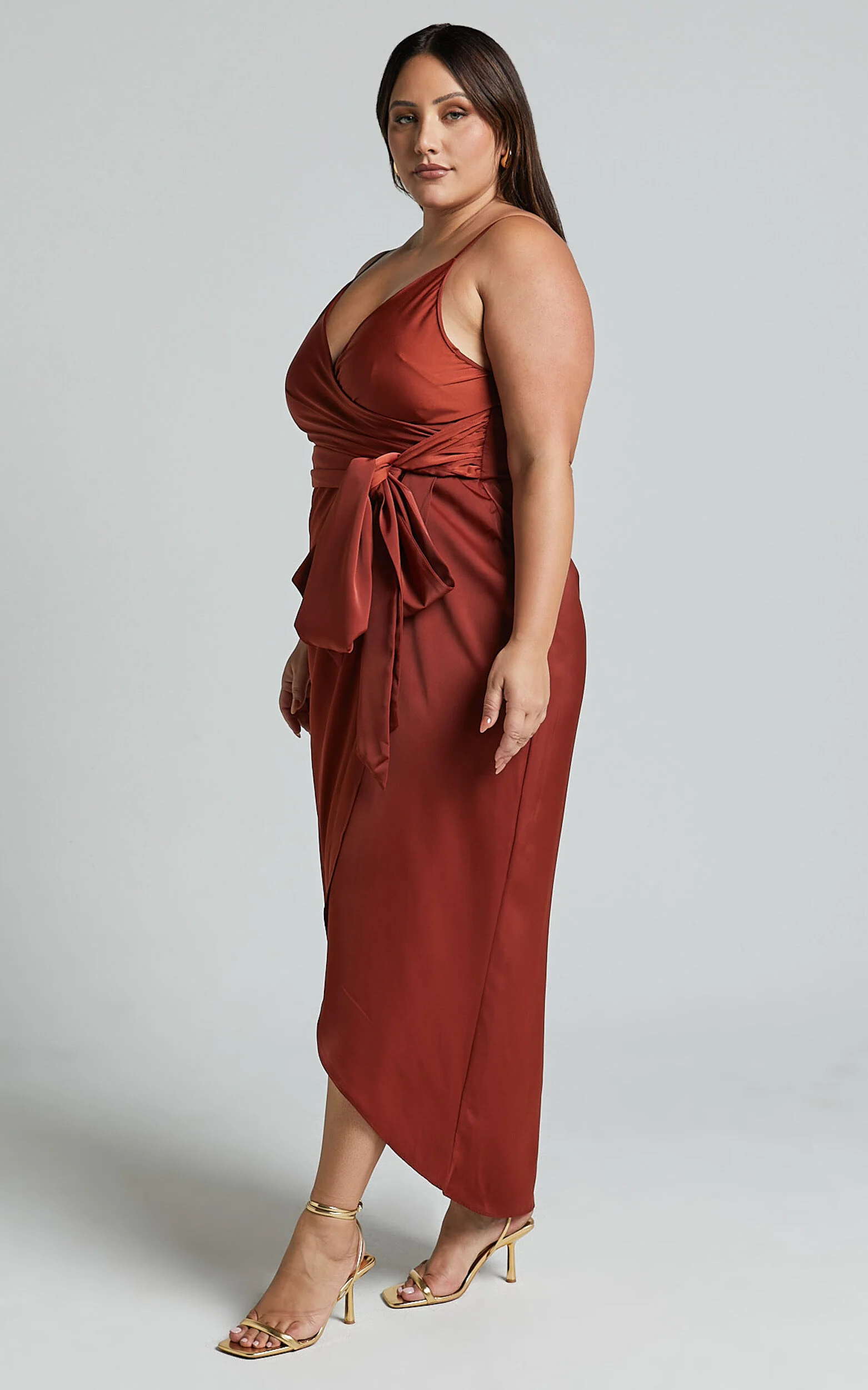 How Will I Know Midi Dress - Wrap Waist Tie Tulip Hem Dress in Copper