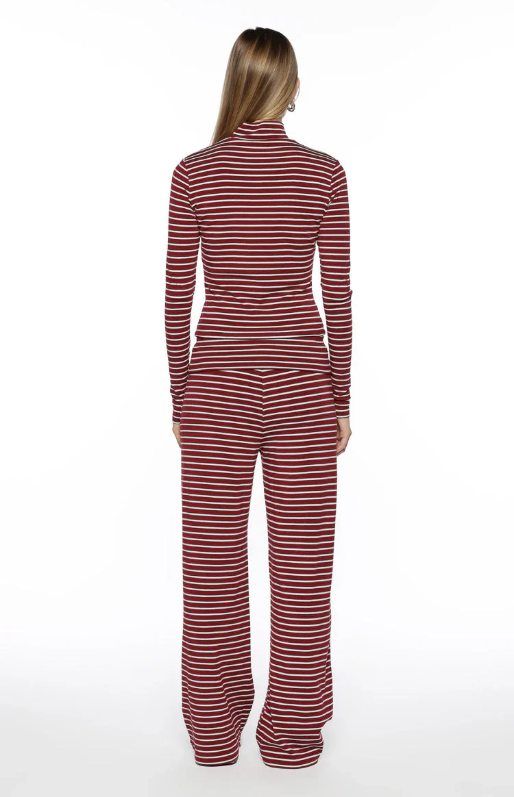 Poppi Burgundy Stripe Double Zip Sweater