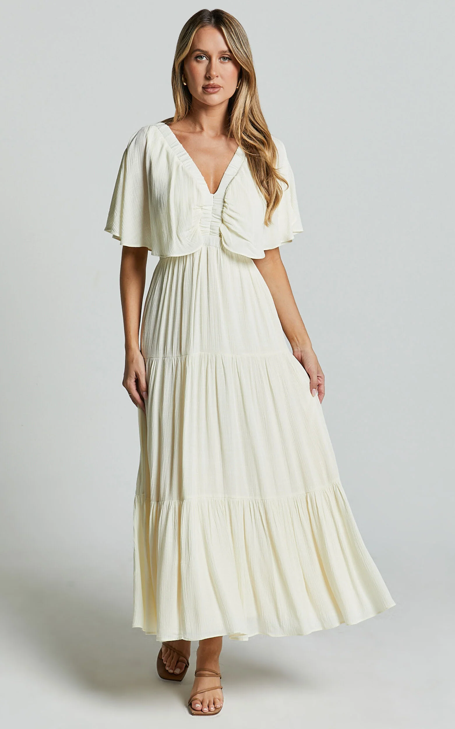 Danny Midi Dress - Ruffle Sleeve Tiered Dress in Natural