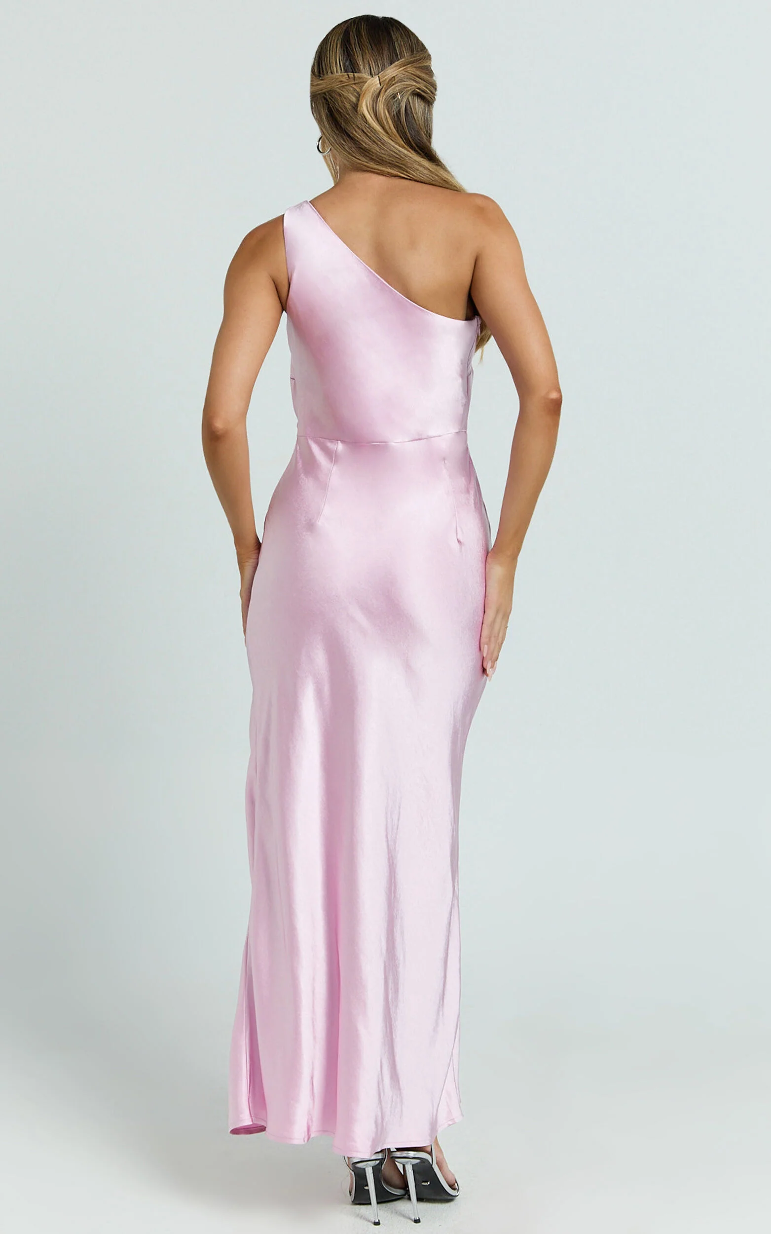 Isla Maxi Dress - Satin One Shoulder Side Split Dress in Pink