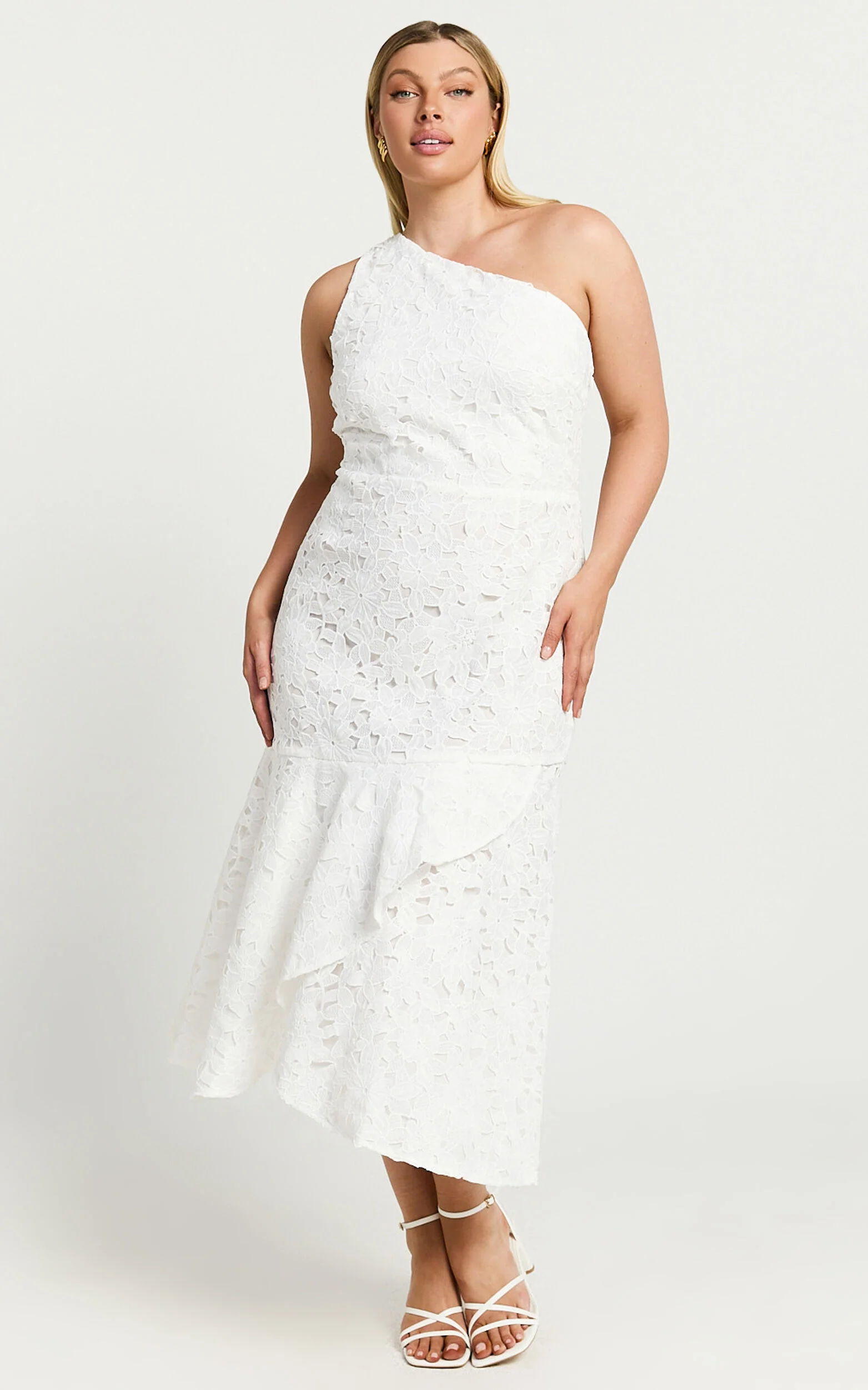 Beth Midi Dress - One Shoulder Ruffle Hem Lace Dress in White