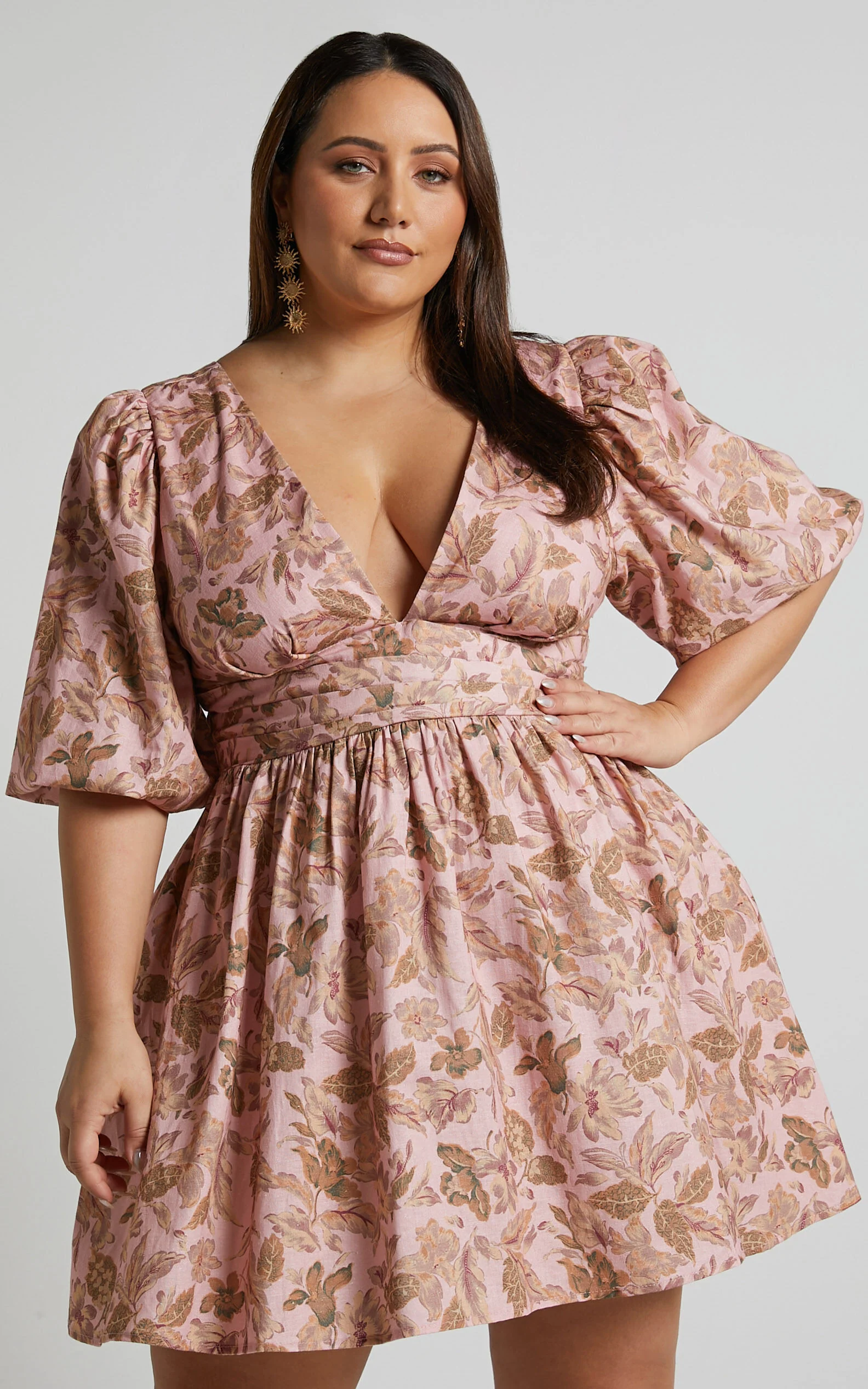 Amalie The Label - Rivinna Linen Blend Pleat Waist Puff Sleeve Mini Dress in Vahala Print