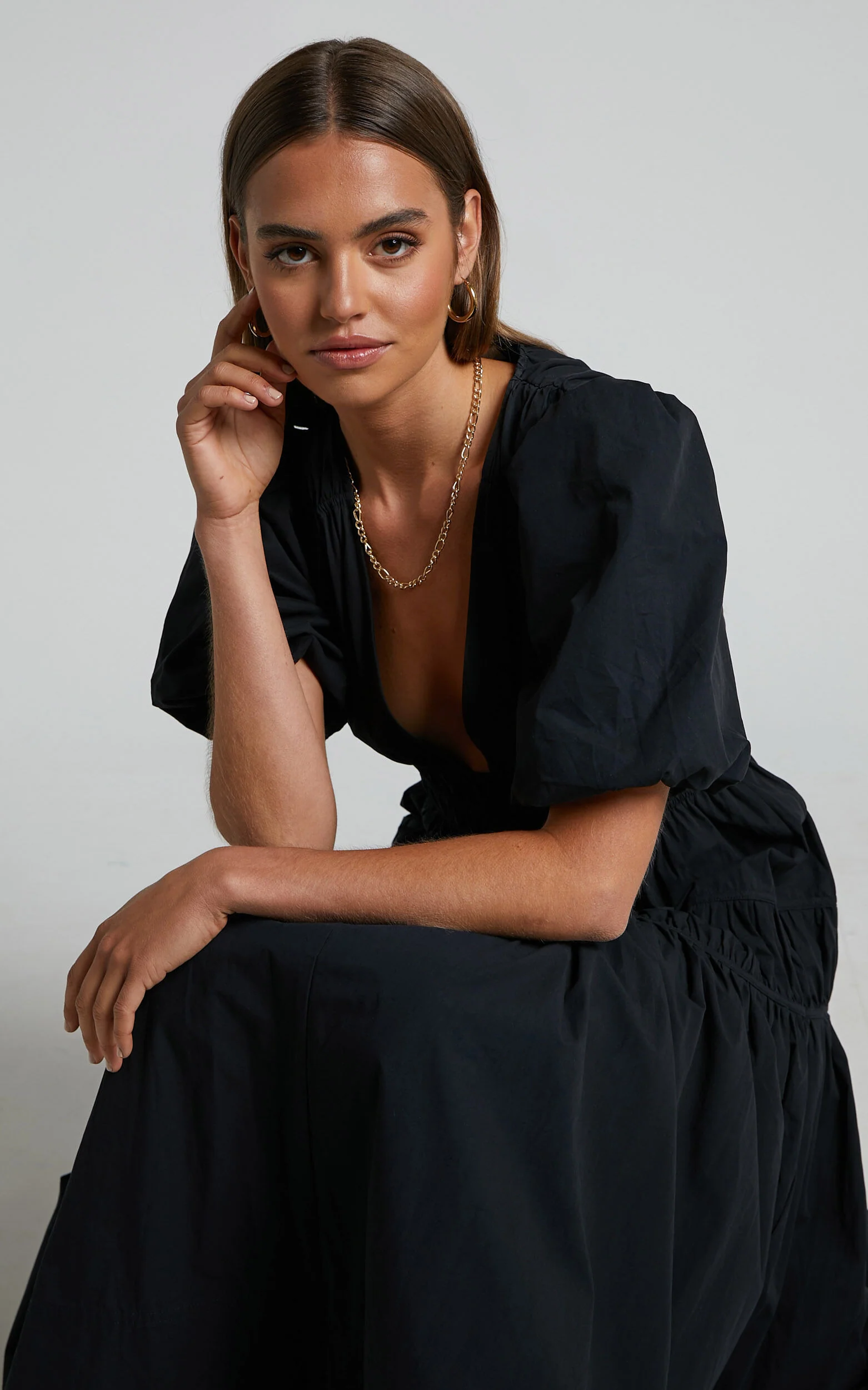 Mellie Midi Dress - Puff Sleeve Plunge Tiered Dress in Black