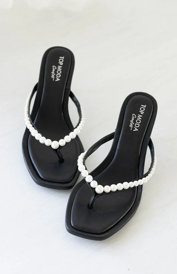 Selena Black Pearl Detail Thong Heels