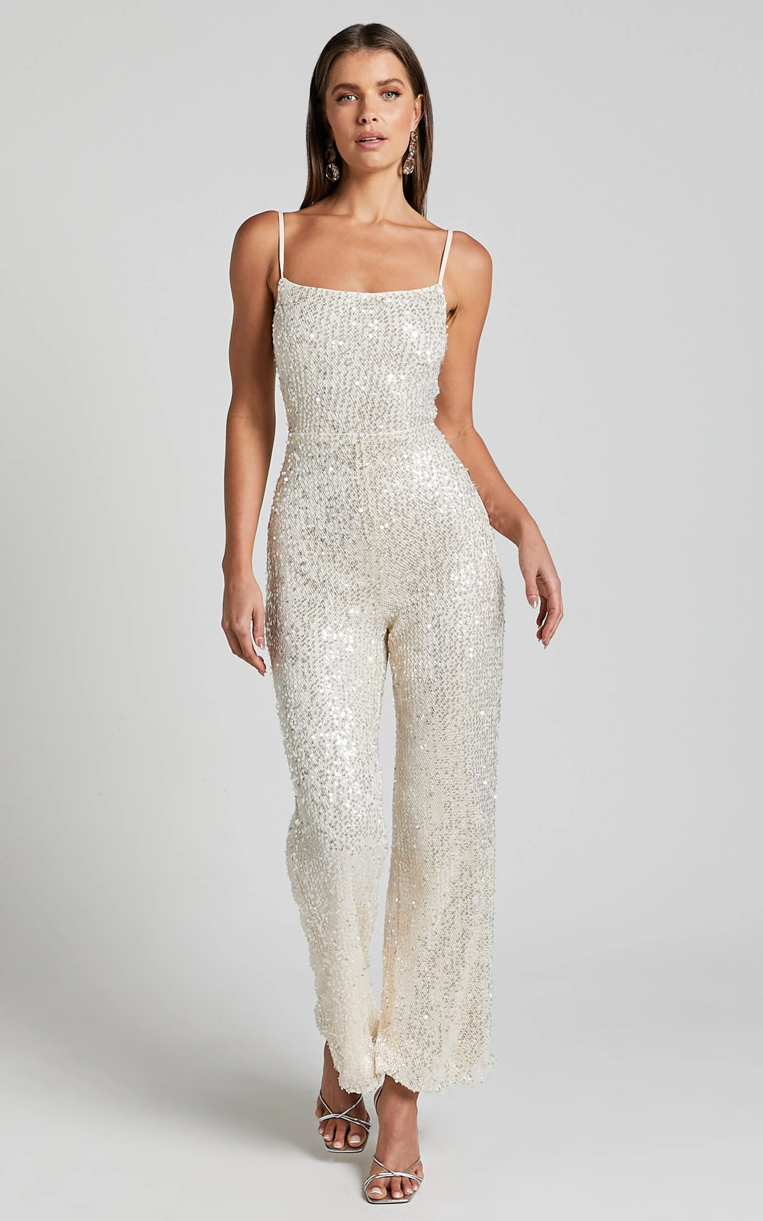 Carlie Jumpsuit - Straight Neck Strappy Sequin in Champagne