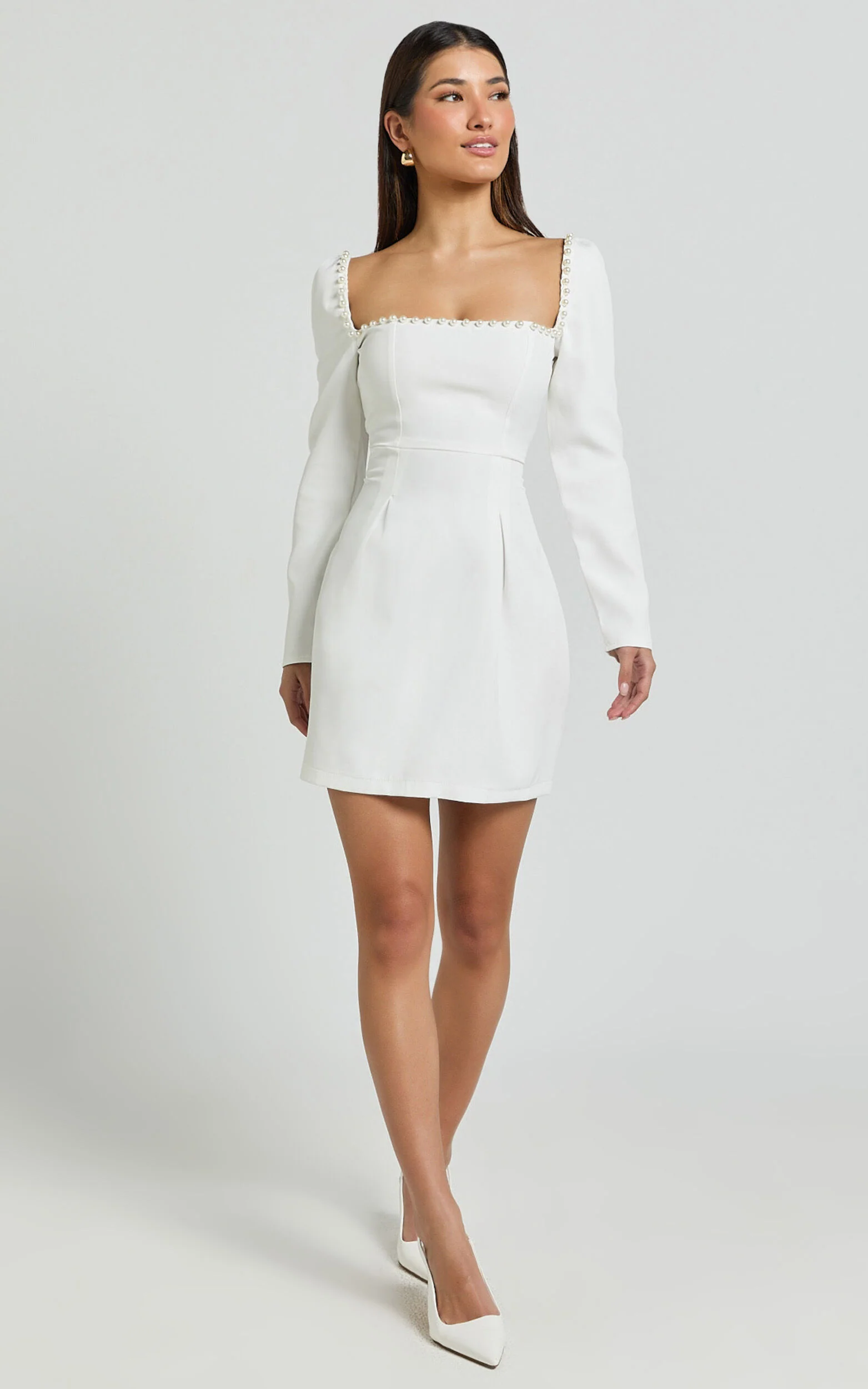 Edelyn Mini Dress - Square Neck Long Sleeve A Line Dress in White