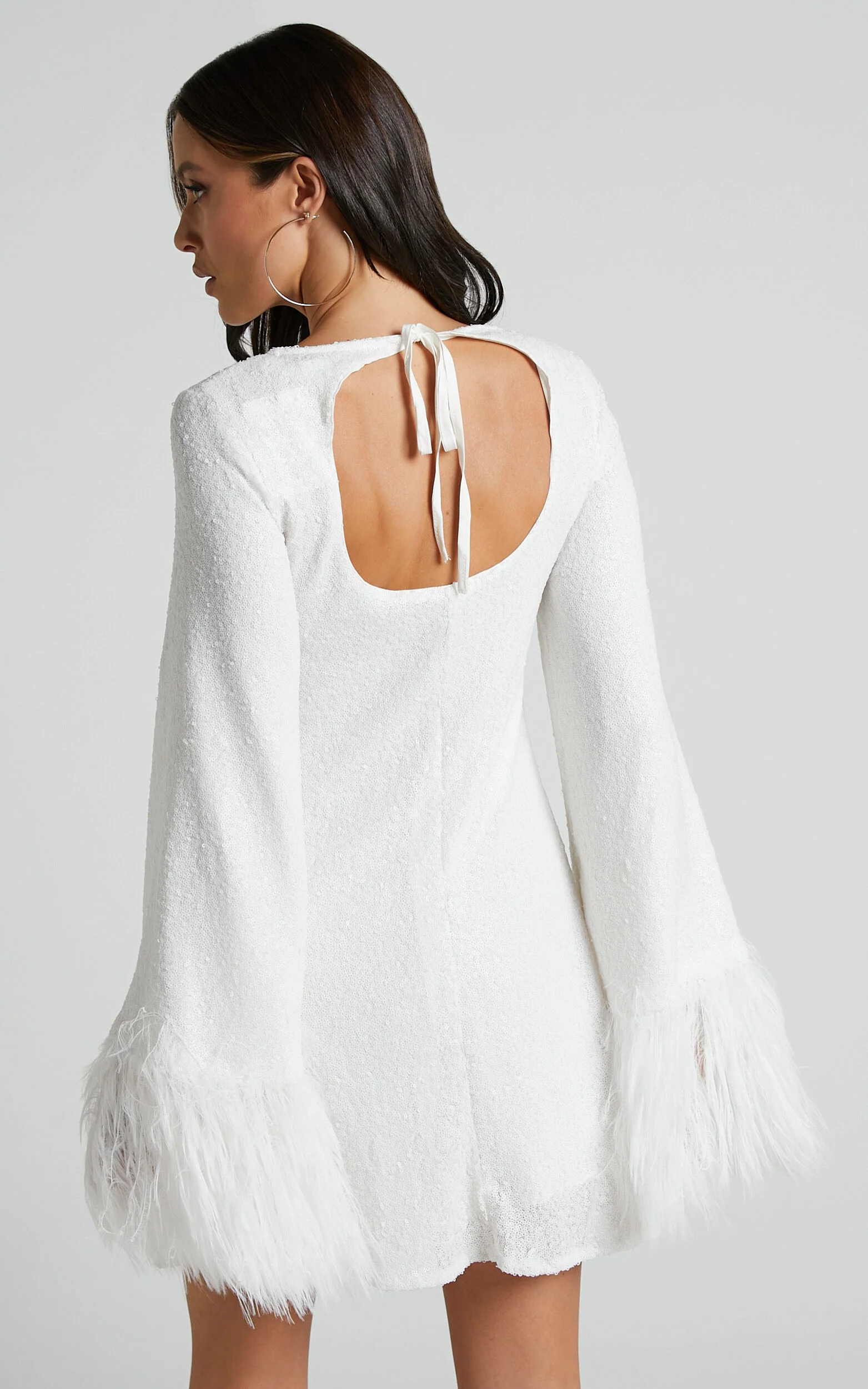 Rowella Mini Dress - Faux Feather Bell Sleeve Dress in White