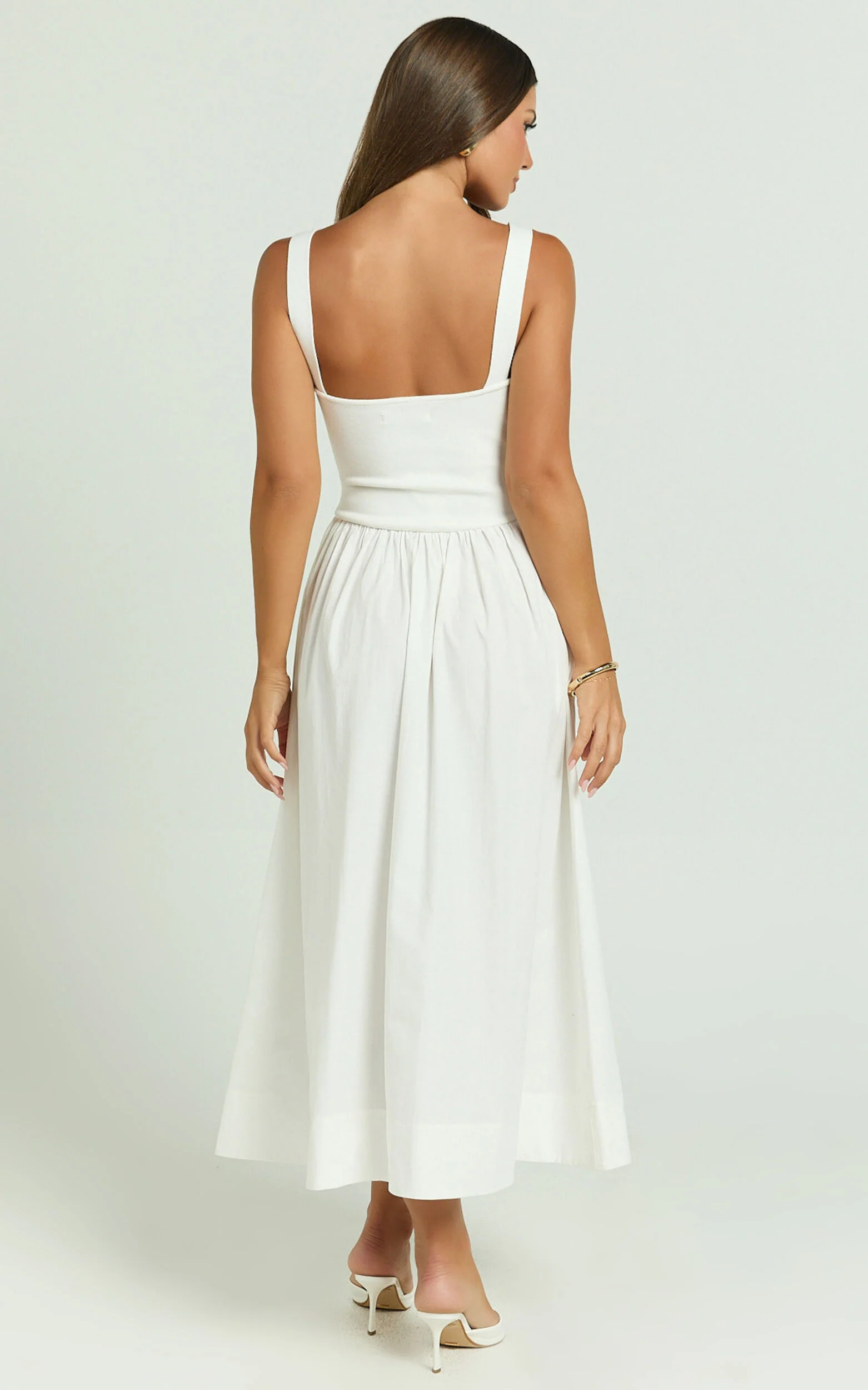 Murphy Midi Dress - Scoop Neck Straight Drop Waist Gathered Skirt Knit And Poplin Dress in White