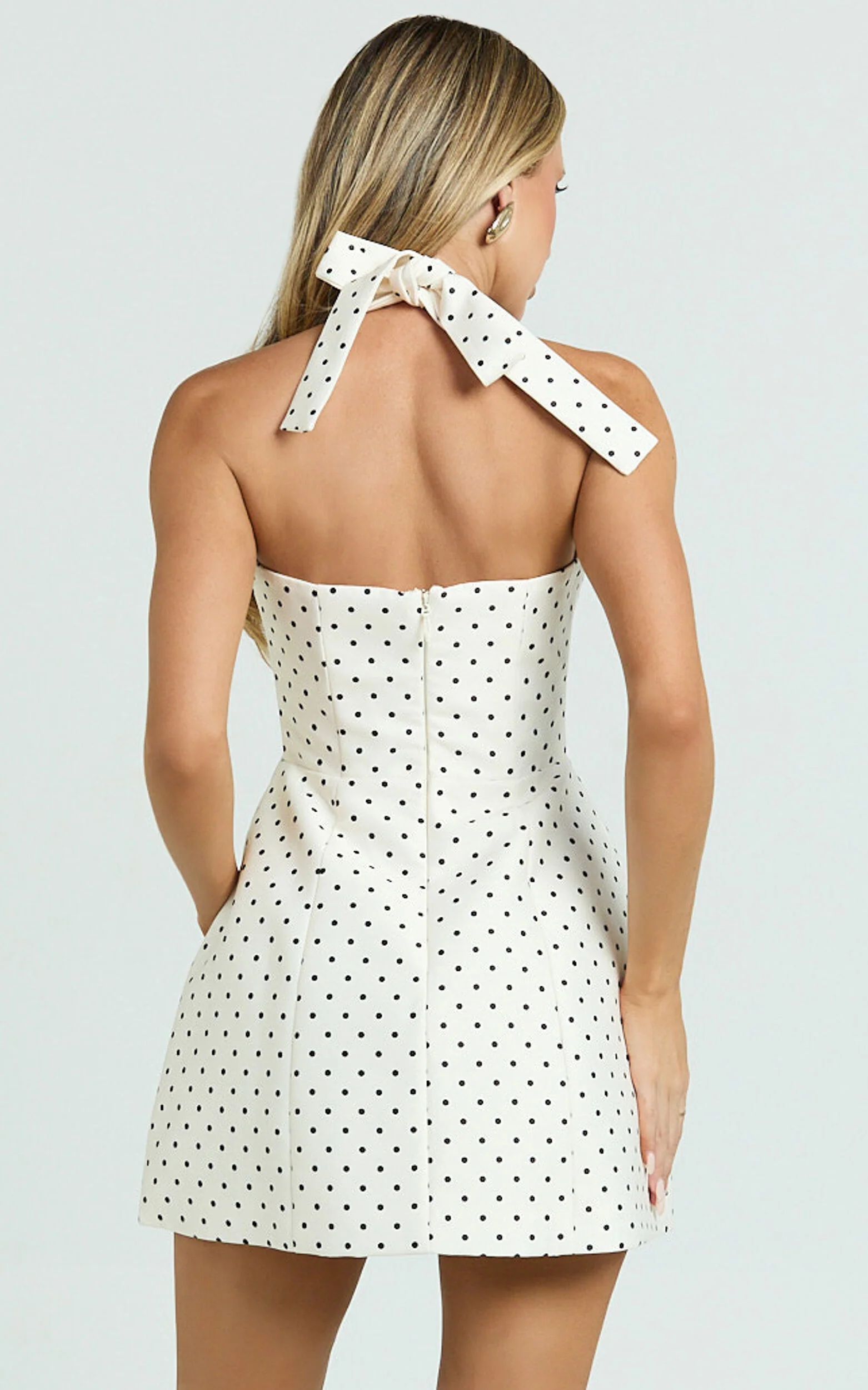 Dante Mini Dress - Halter Neck Tie Tulip Skirt Dress in White Polkadot