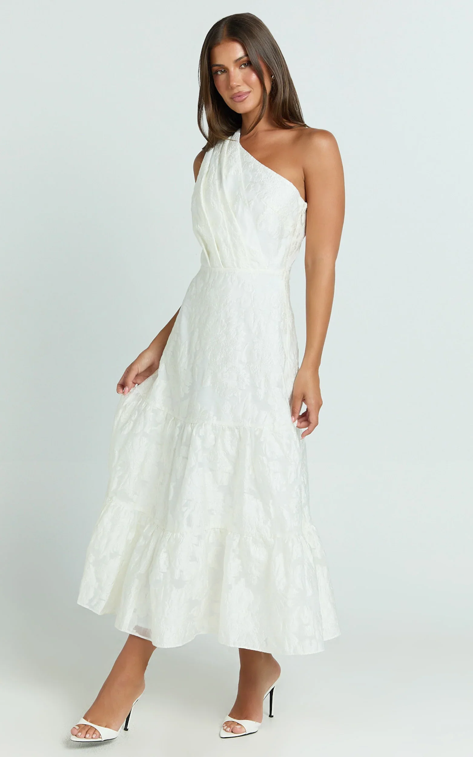 Nadette Midi Dress - One Shoulder Pleated Tiered Dress in White