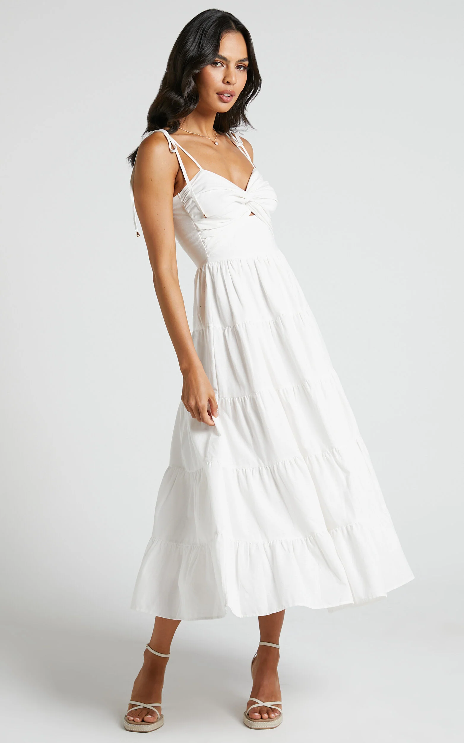 Leticia Midi Dress - Twist Front Tie Strap Tiered Dress in Off White